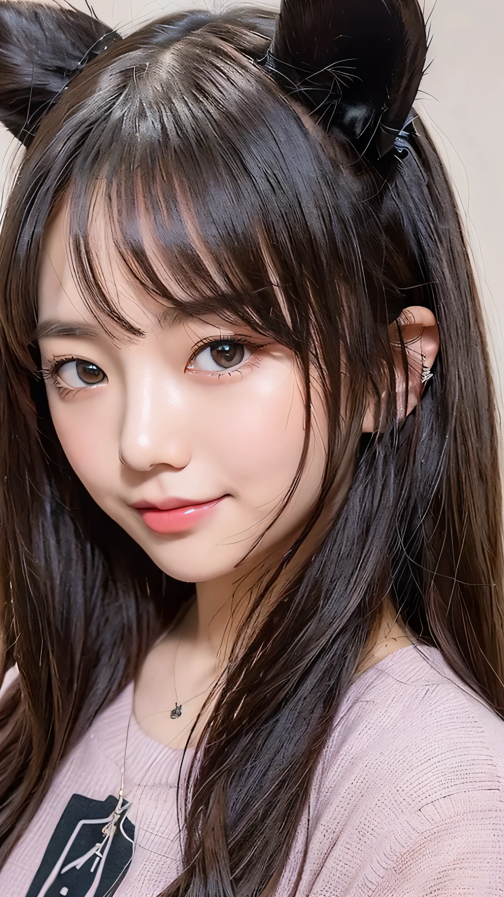 front、smile、T-shirt、long hair、soft face、black hair、8K resolution、surreal、super fine、 ((highest resolution、8K、masterpiece:1.3))、super fineな顔、super fineな唇、fine eyes、double eyelid、front:1.0、whole body:1.2、cute