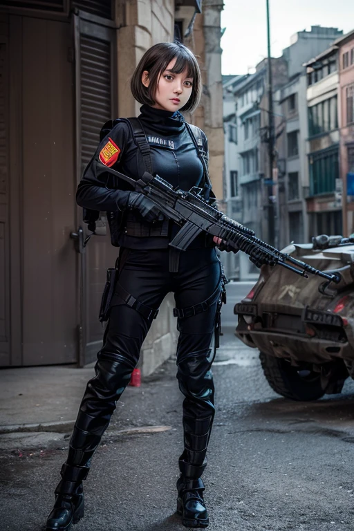 ((best quality)), (masterpiece), photorealistic, photorealism 16K, (16K), 1girl full body, aiming with an mp5 sub-rifle, Combat pose, explosion background, bobhaircut, Photorealistic, high resolution, (Detailed face), looking to the camera, (wearing shirt ,gloves,black and gray mecha, military harness, holding a mp5 sub-rifle, carrying hich-tech-backpack), background grey, Fingers are occluded