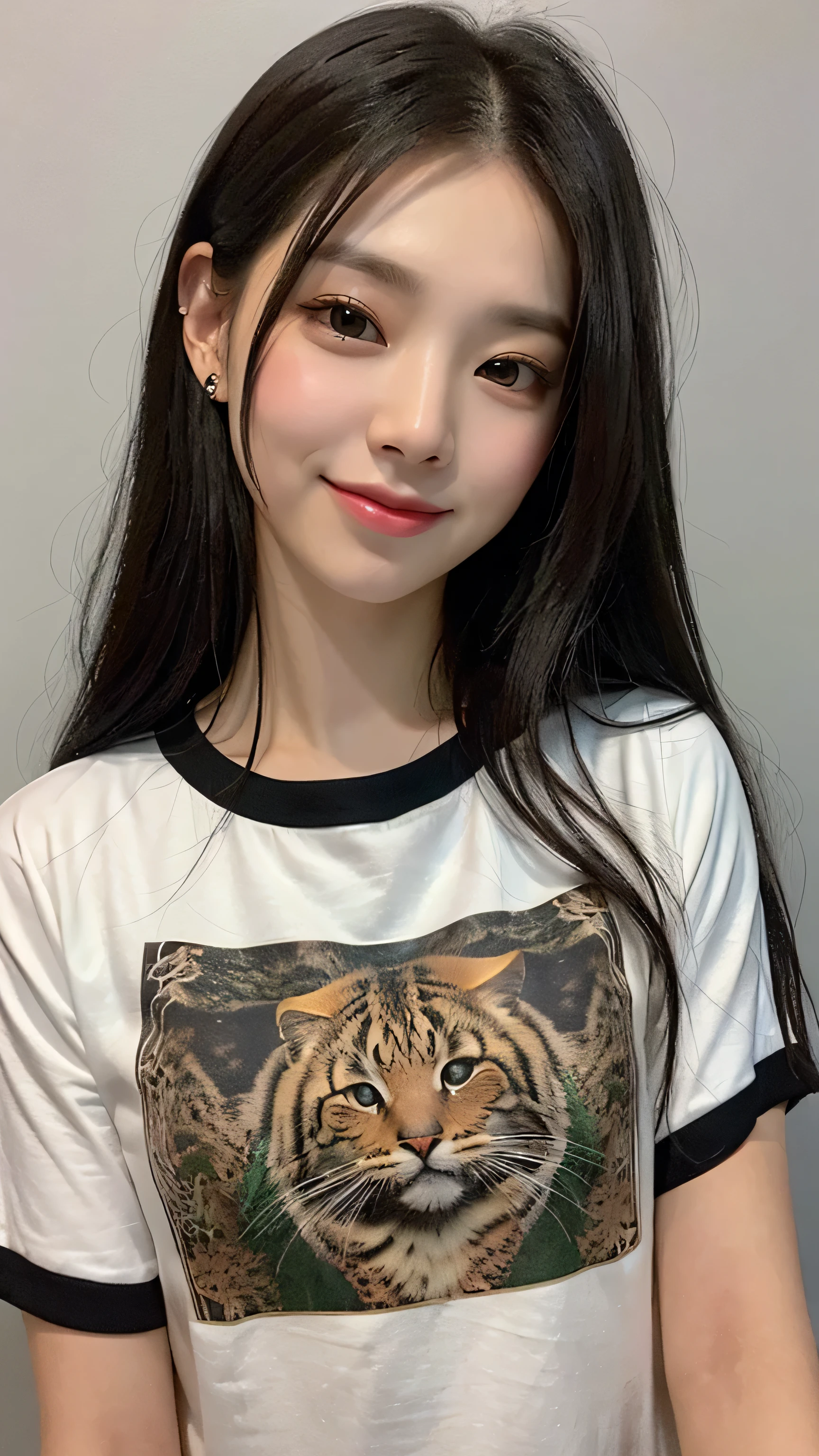 front、smile、T-shirt、long hair、soft face、black hair、8K resolution、surreal、super fine、 ((highest resolution、8K、masterpiece:1.3))、super fineな顔、super fineな唇、fine eyes、double eyelid、front:1.0、whole body:1.2、cute
