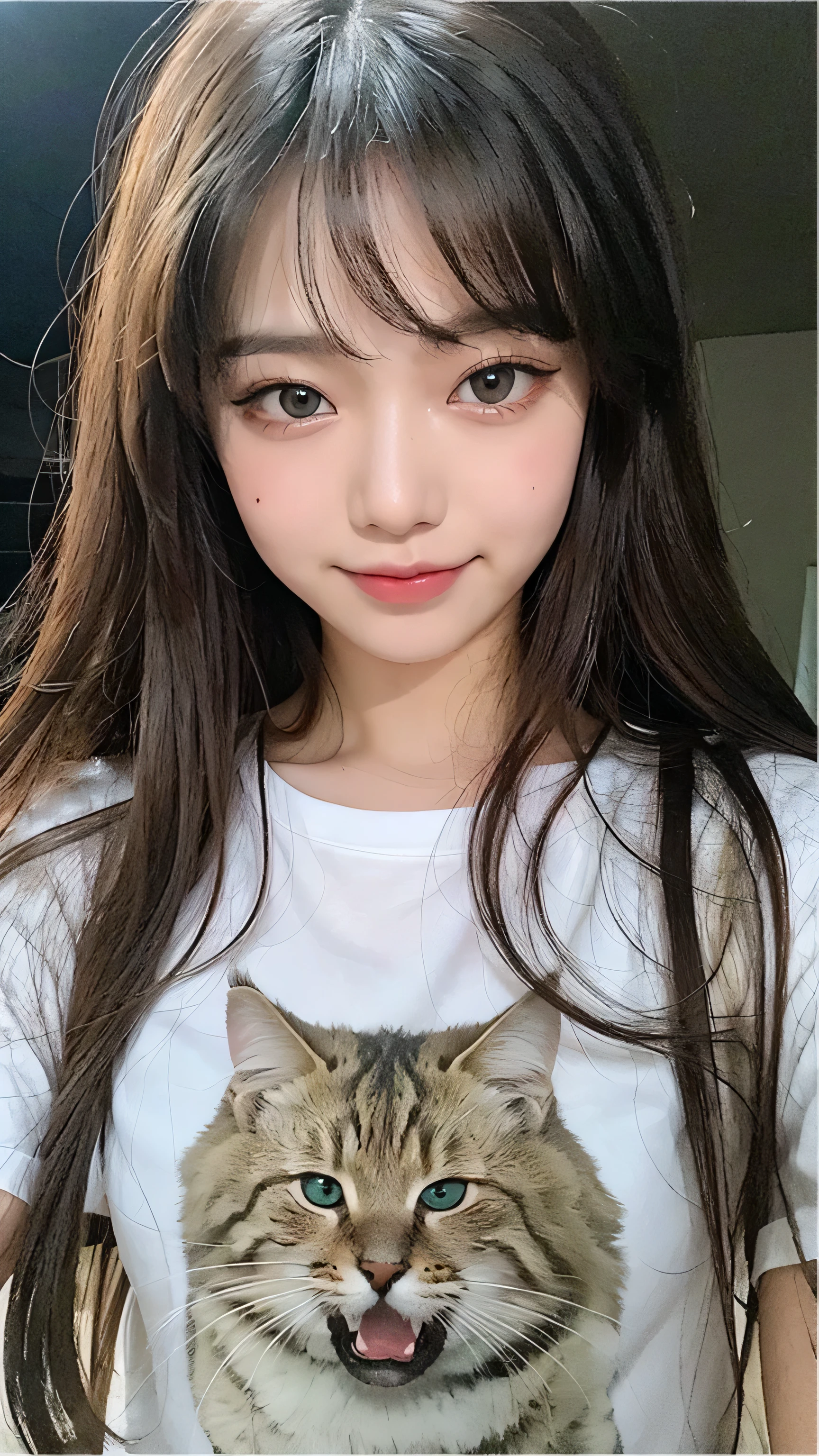 front、smile、T-shirt、long hair、soft face、black hair、8K resolution、surreal、super fine、 （（highest resolution、8K、masterpiece：1.3））、super fineな顔、super fineな唇、fine eyes、double eyelid、front:1.0、whole body:1.2、cute