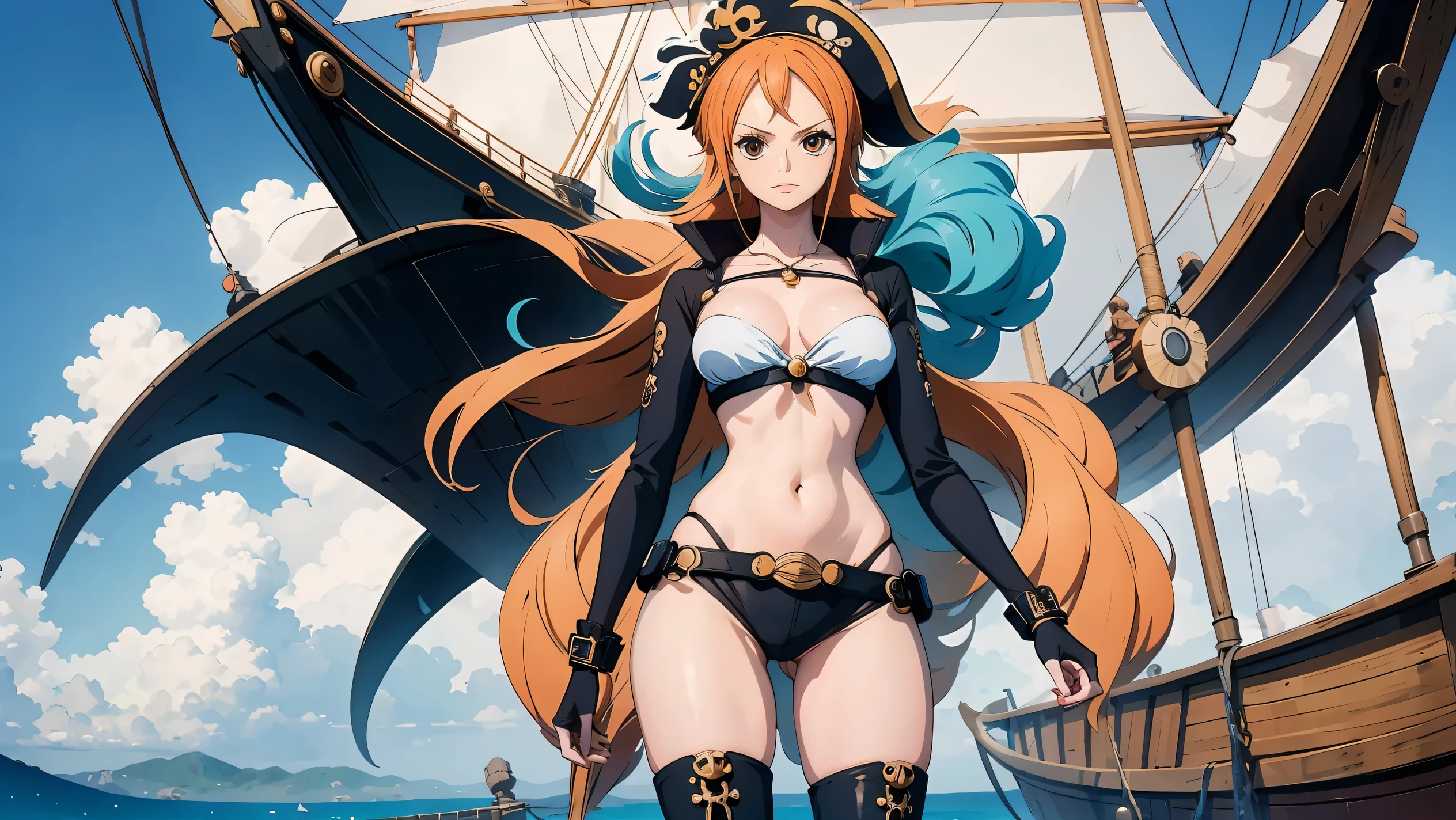 generate style anime nami onepiece unique piece, com cabelos longos laranjados e amarrados, olhos perfeitos e detalhados, seios grandes e decotados, beautiful open legs wearing black boots standing on pirate ship. The image features a high definition 4k HDR resolution.