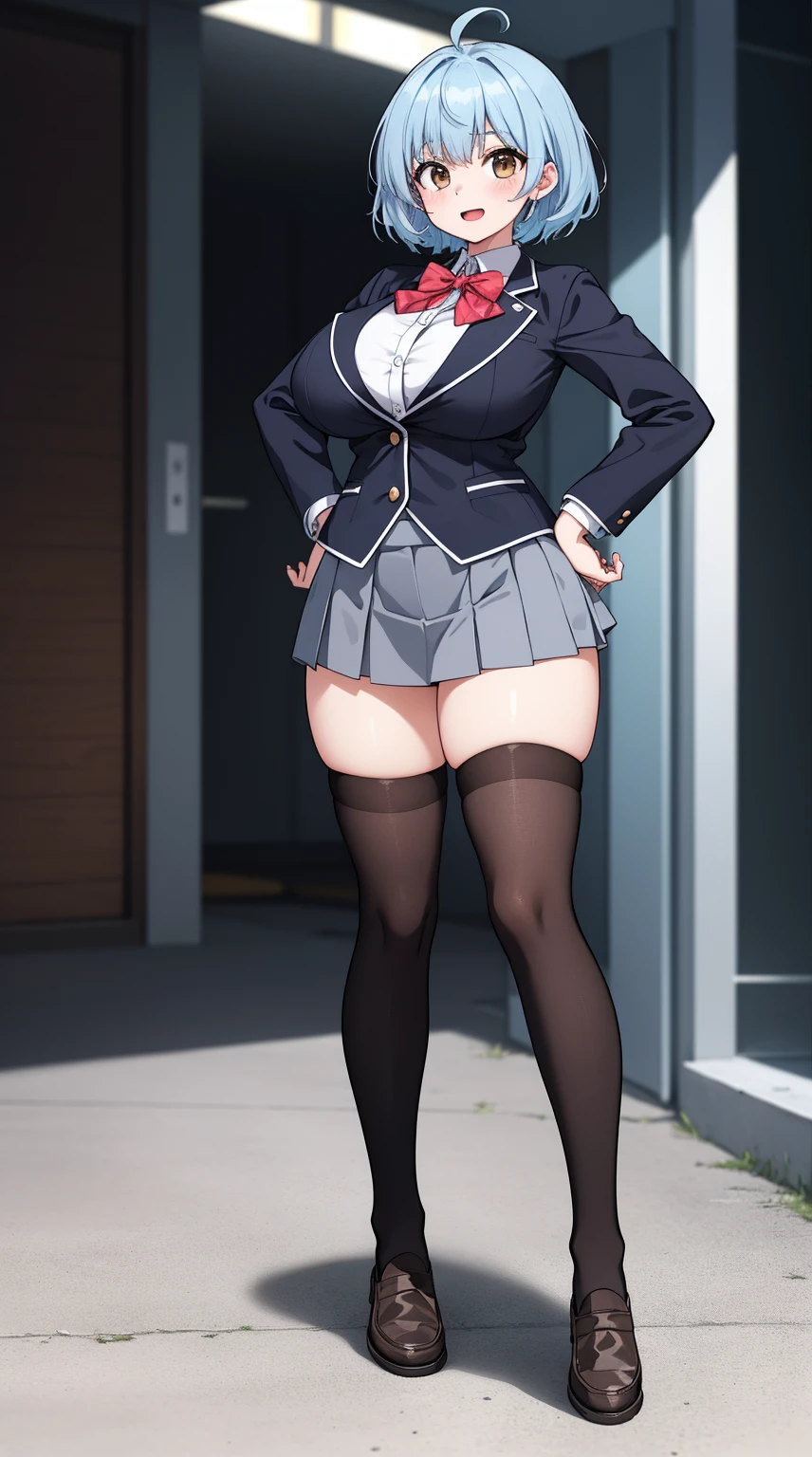 (Beautiful, Huge_Breasts), (Extremely short skirt:1.4), illustration of men gendfer change to women in school uniform, short hair, blue hair, blush, bangs, closed mouth, brown eyes, 

1 girl, 20yo,YOUNG female, Beautiful Finger, Beautiful long legs ,Beautiful body ,Beautiful Nose ,Beautiful character design, perfect eyes, perfect face,(Beautiful,Huge_Breasts:1.3)

an anime/cartoon character wearing a girls school uniform walking upright with straight posture and an open mouth, 1girl, solo, thigh-highs, ブレザー burezaa (Blazer), ahoge, long hair, white thighhighackground, hand on hip, full body, bow, school uniform, looking at viewer, bowtie, shoes, loafers, ribbon,

official art, extremely detailed CG unity 8k wallpaper, perfect lighting,Colorful, Bright_Front_face_Lightinasterpiece:1.0),(best_quality:1.0), ultra high res,4K,ultra-detailed,
photography, 8K, HDR, highres, absurdres:1.2, Kodak portra 400, film grain, blurry background, bokeh:1.2, lens flare, (vibrant_color:1.2)
, (beautiful_face:1.5),(narrow_waist), 