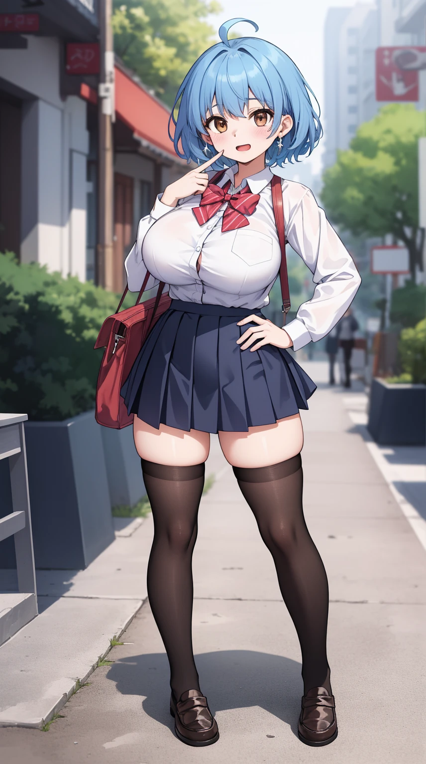 (Beautiful, Huge_Breasts), (Extremely short skirt:1.4), illustration of men gendfer change to women in school uniform, short hair, blue hair, blush, bangs, closed mouth, brown eyes, 

1 girl, 20yo,YOUNG female, Beautiful Finger, Beautiful long legs ,Beautiful body ,Beautiful Nose ,Beautiful character design, perfect eyes, perfect face,(Beautiful,Huge_Breasts:1.3)

an anime/cartoon character wearing a girls school uniform walking upright with straight posture and an open mouth, 1girl, solo, thigh-highs, ブレザー burezaa (Blazer), ahoge, long hair, white thighhighackground, hand on hip, full body, bow, school uniform, looking at viewer, bowtie, shoes, loafers, ribbon,

official art, extremely detailed CG unity 8k wallpaper, perfect lighting,Colorful, Bright_Front_face_Lightinasterpiece:1.0),(best_quality:1.0), ultra high res,4K,ultra-detailed,
photography, 8K, HDR, highres, absurdres:1.2, Kodak portra 400, film grain, blurry background, bokeh:1.2, lens flare, (vibrant_color:1.2)
, (beautiful_face:1.5),(narrow_waist), 