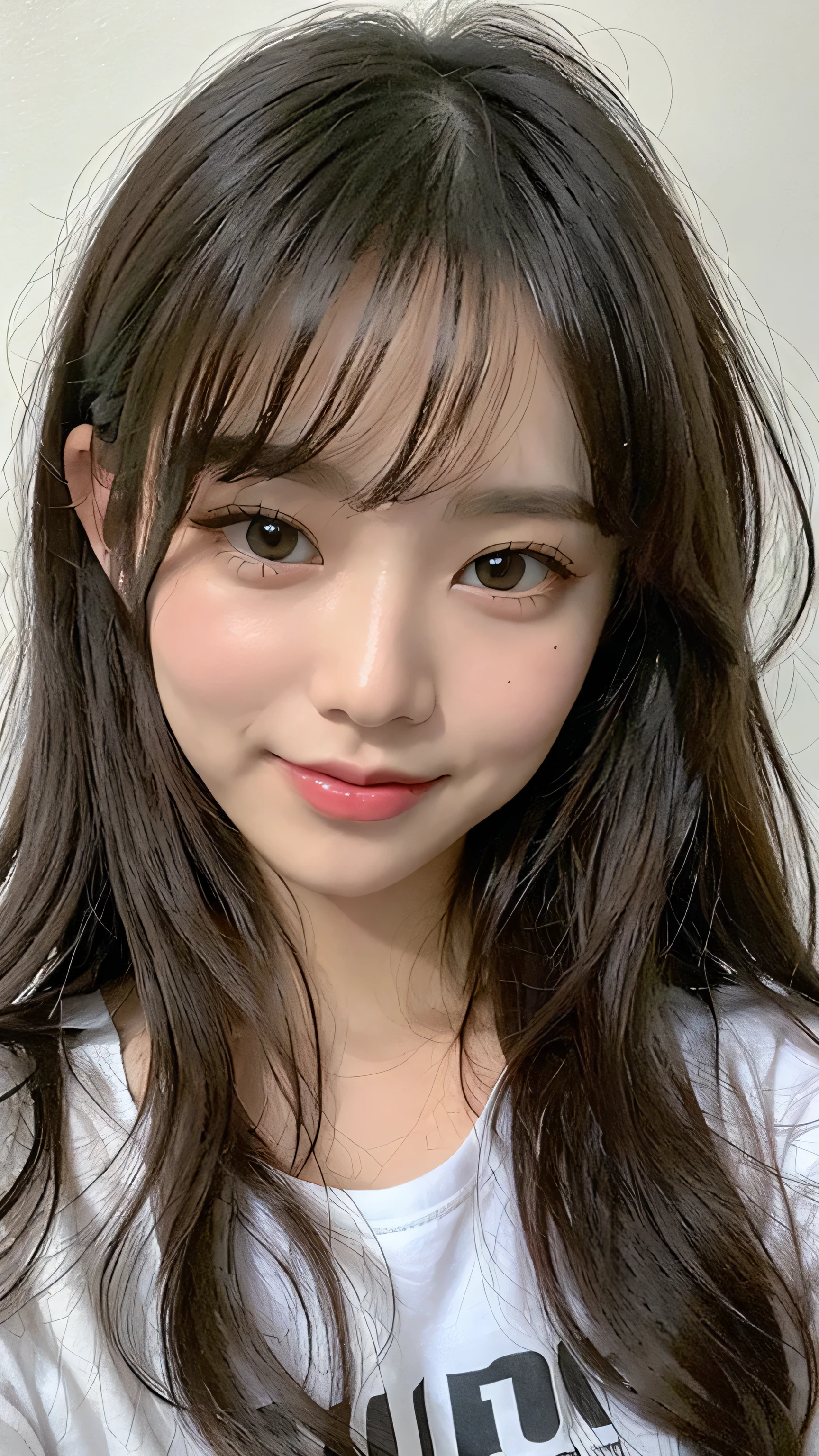 front、smile、T-shirt、long hair、soft face、black hair、8K resolution、surreal、super fine、 （（highest resolution、8K、masterpiece：1.3））、super fineな顔、super fineな唇、fine eyes、double eyelid、front:1.0、whole body:1.2、cute