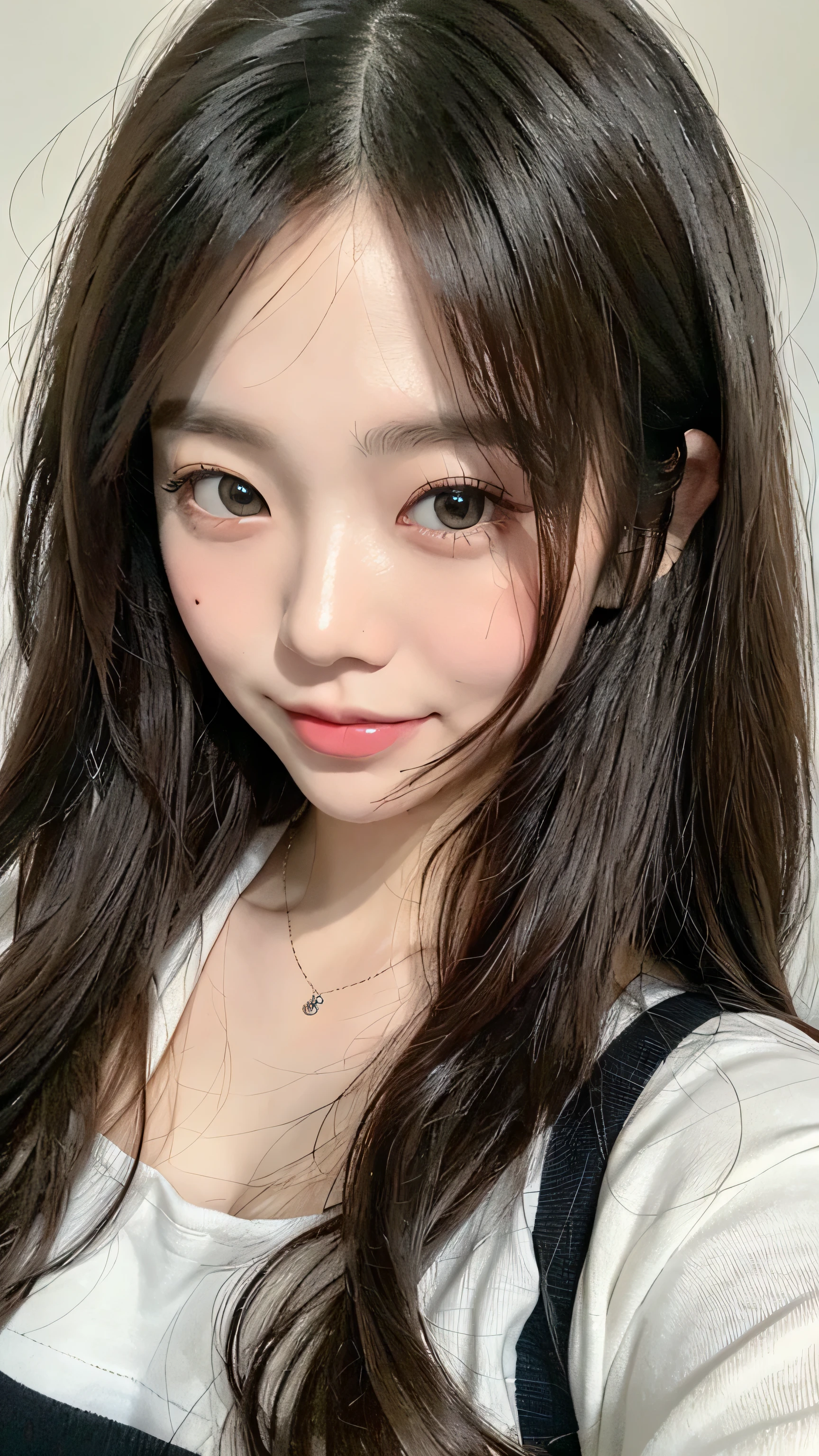 front、smile、T-shirt、long hair、soft face、black hair、8K resolution、surreal、super fine、 ((highest resolution、8K、masterpiece:1.3))、super fineな顔、super fineな唇、fine eyes、double eyelid、front:1.0、whole body:1.2、cute
