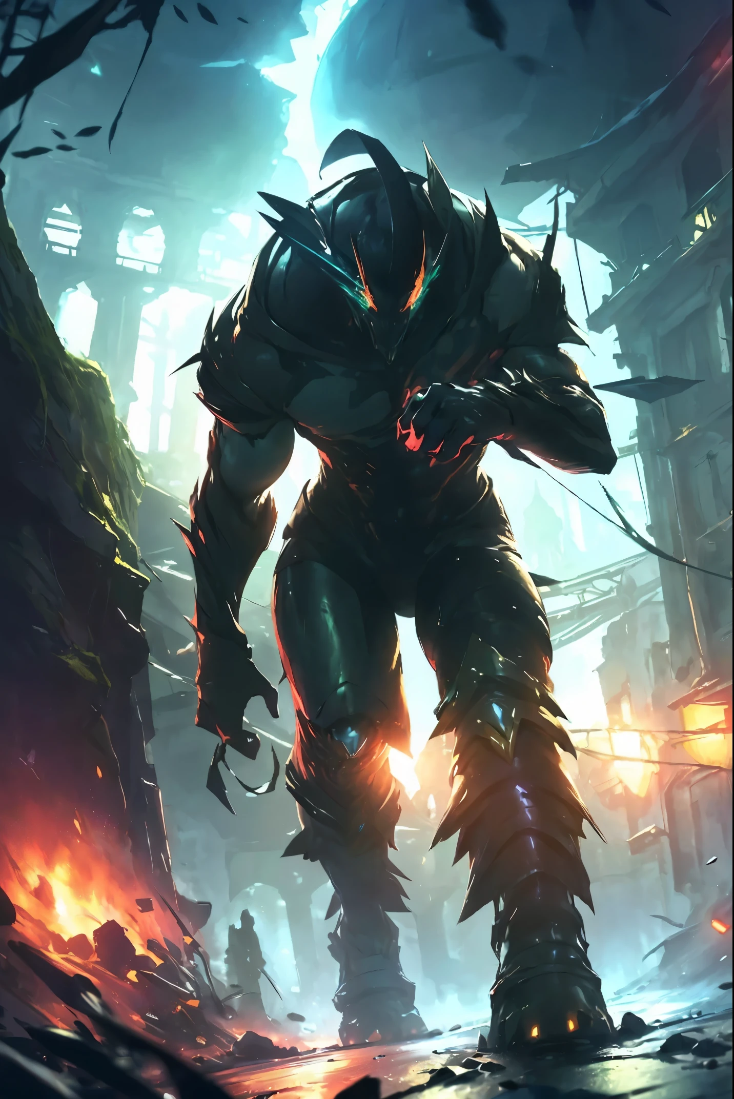 (high quality, 4k, ultra-detailed, realistic, vivid colors, bokeh), (monstrous creature:1.1, dark atmosphere), lightning bolts, abominable being, deep darkness, highly detailed, interplay of light and shadows, particles