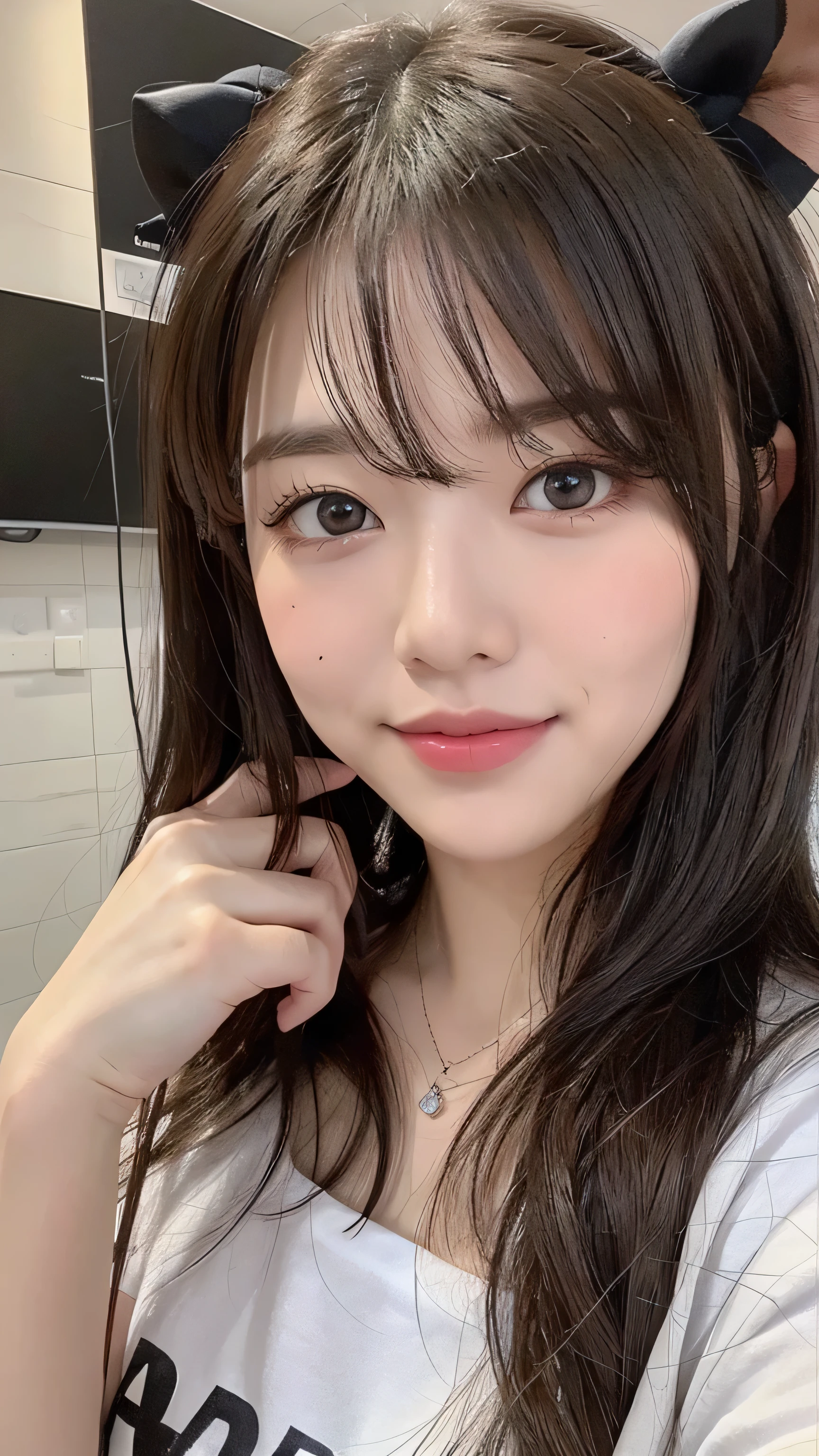 front、smile、T-shirt、long hair、soft face、black hair、8K resolution、surreal、super fine、 （（highest resolution、8K、masterpiece：1.3））、super fineな顔、super fineな唇、fine eyes、double eyelid、front:1.0、whole body:1.2、cute