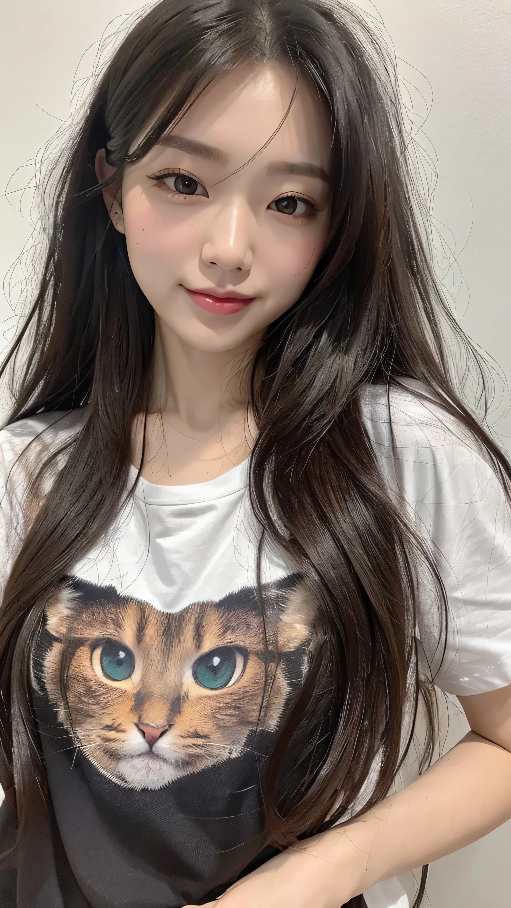 front、smile、T-shirt、long hair、soft face、black hair、8K resolution、surreal、super fine、 ((highest resolution、8K、masterpiece:1.3))、super fineな顔、super fineな唇、fine eyes、double eyelid、front:1.0、whole body:1.2、cute