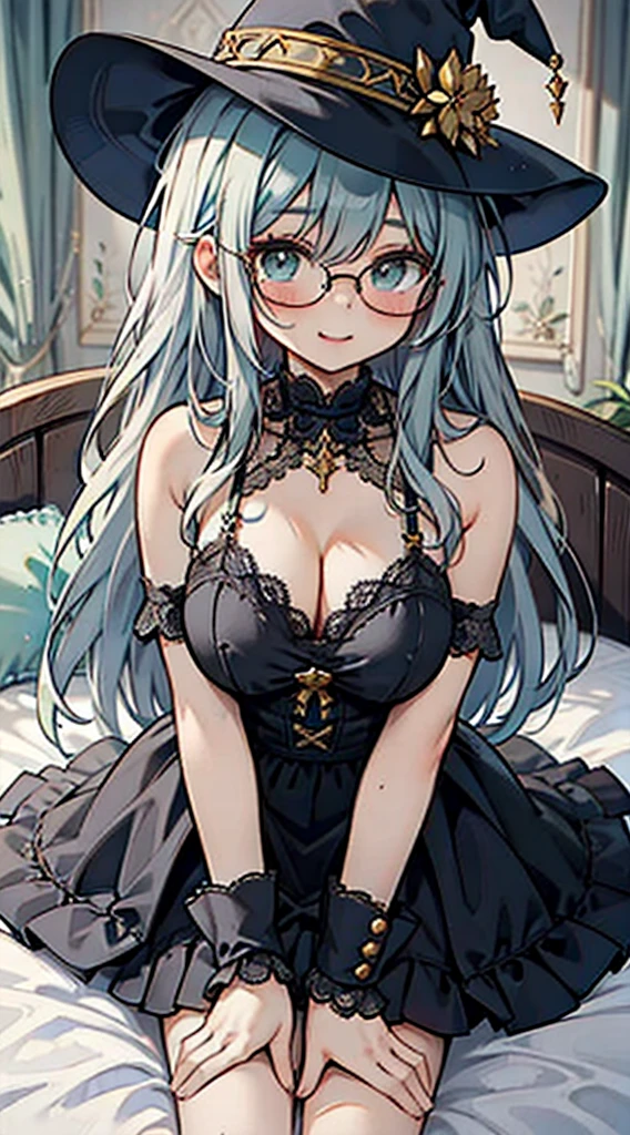 ((The best piece)),((masterpiece)), (ultra-detailliert), (illustratio), (Detail light), (very cute and beautiful),(exquisite), (beautifully detailed eyes),girl with,kawaii faces,Wearing glasses,Silvery hair,Light green eyes,Lori,huge tit,sorcerer,The witch's big hat,Lace gloves,With smiling eyes,Lace Bra,hand next to face,On the bed,on all fours,a miniskirt,初音ミク,