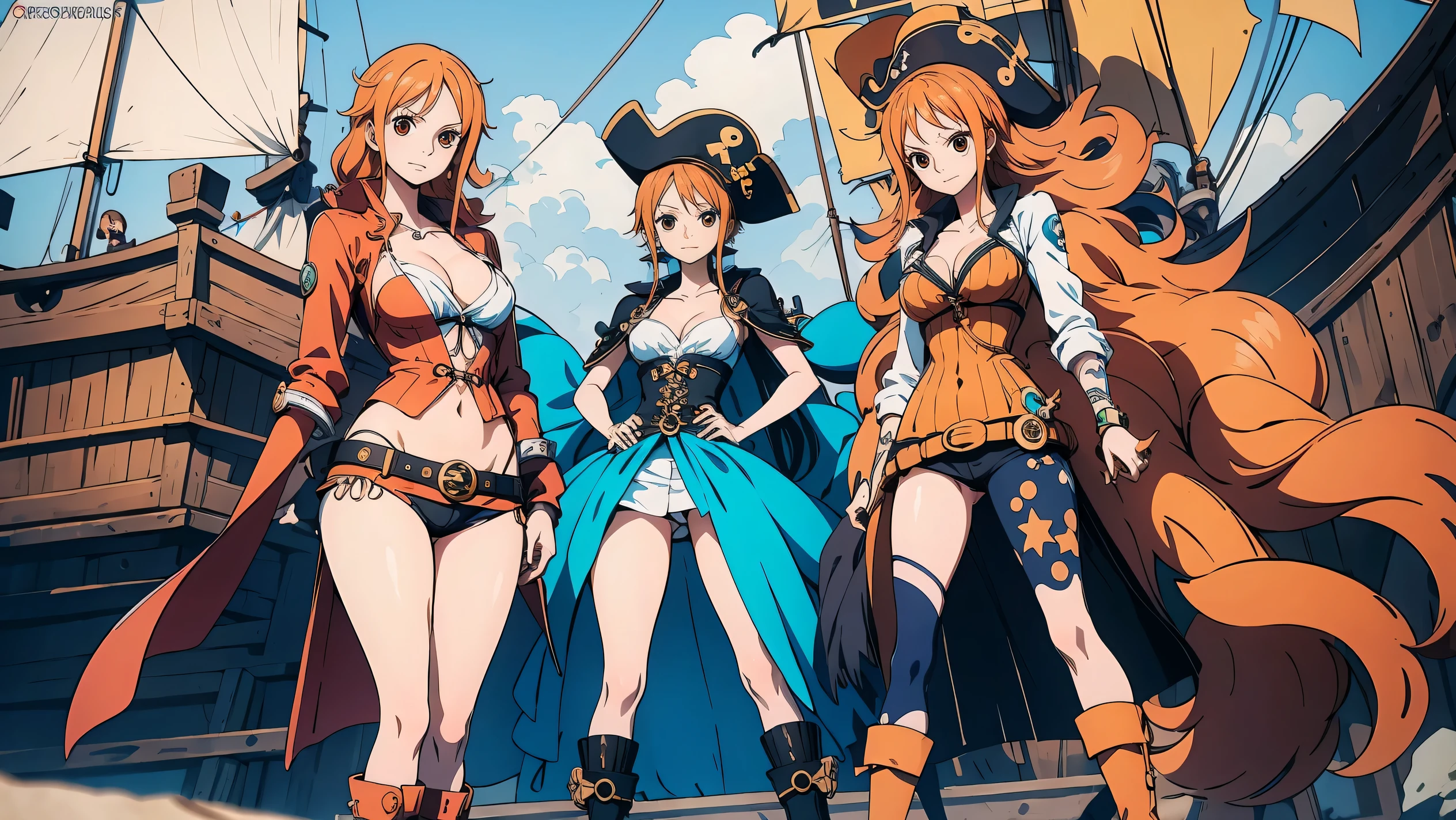 generate style anime nami onepiece unique piece, com cabelos longos laranjados e amarrados, olhos perfeitos e detalhados, seios grandes e decotados, beautiful open legs wearing black boots standing on pirate ship. The image features a high definition 4k HDR resolution.