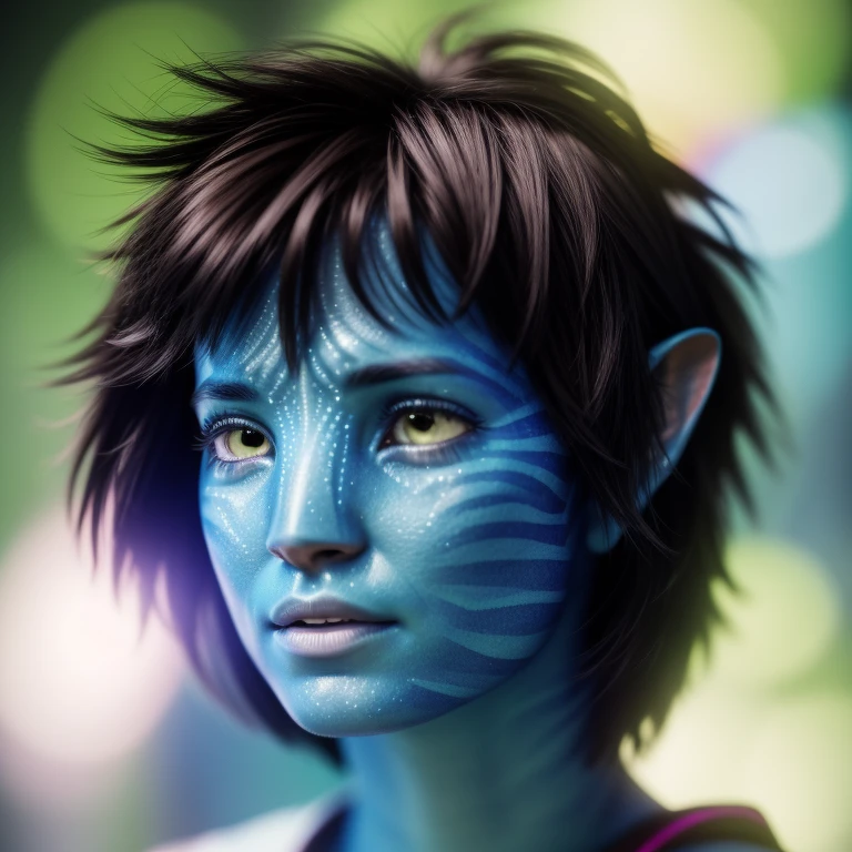 avtr:1.1, avatar style, portrait:1.6, 1girl, female, (blue skin tone:1.0), (short hair:1.0), pixie cut hairstyle, dark brown hair color, 18 years old:1, face wrinkles, wearing tribal clothing, wearing a top, detailed eyes, toned body, muscled body, vibrant colors, glowing, ethereal atmosphere, surrealistic dreamy lighting, textured skin, otherworldly beauty, mesmerizing photography, (best quality, highres), vivid colors, ultrarealistic, skin details, striped skin, sfw, face close-up:0.5, ultradetailed body