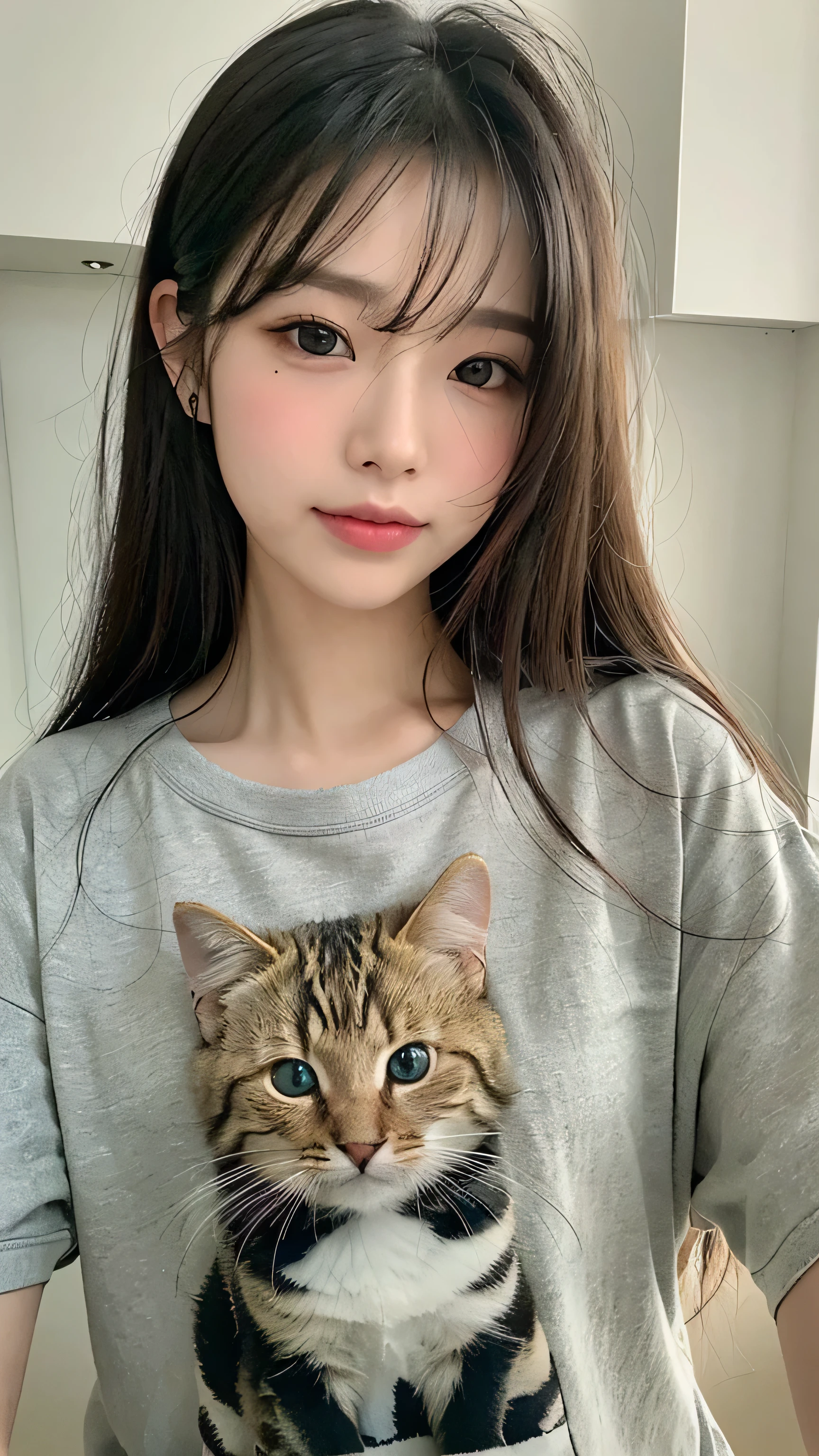 front、smile、T-shirt、long hair、soft face、black hair、8K resolution、surreal、super fine、 ((highest resolution、8K、masterpiece:1.3))、super fineな顔、super fineな唇、fine eyes、double eyelid、front:1.0、whole body:1.2、cute