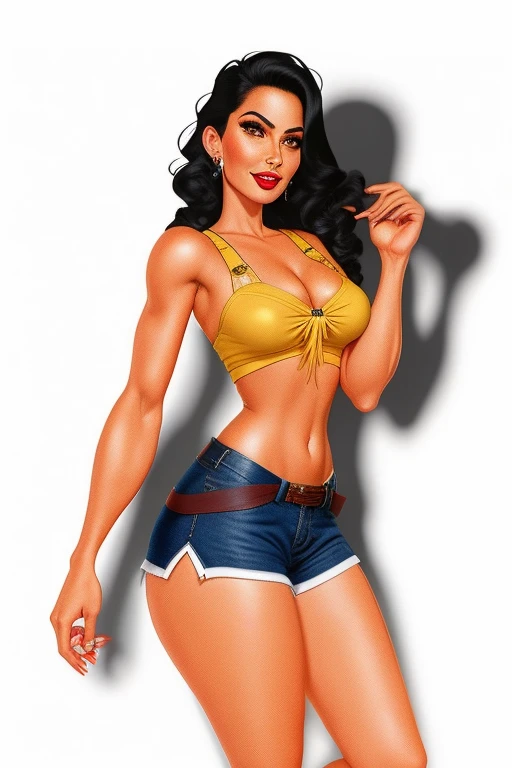 blurred image of a woman in a bikini and shorts, personagem da disney, Pocahontas, princesa jasmim, personagem da disney style, pele bronzeada, camiseta e shorts, Disney art style, vestindo uma camisola e shorts, estilo de arte da Disney, vestindo uma regata e shorts, close-up de corpo inteiro, margarida duques, sutiã e shorts streetwear