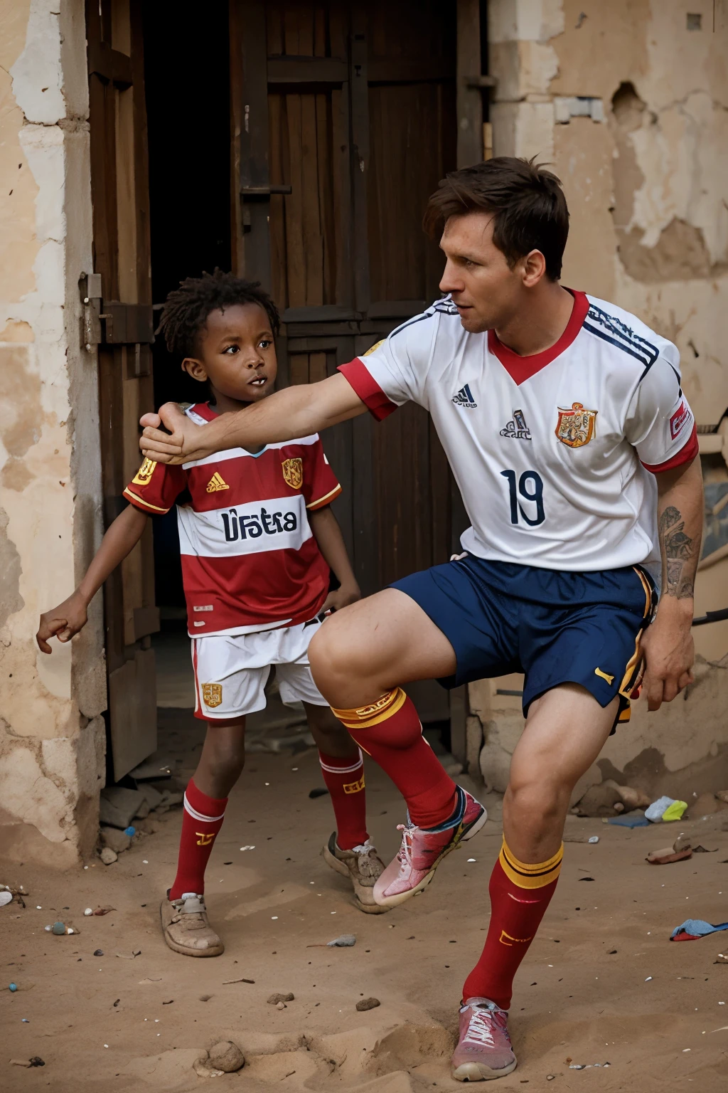 lionel messi kicking in etiopia, poor city, realistic photo