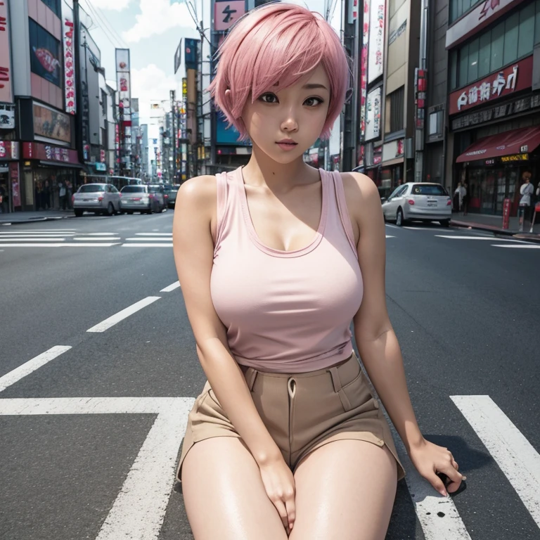 Tokyo, Kabukicho, short pixie cut hair fluttering in the wind, pink hair, medium large breast, plump body figure, high definition, white tank top and black hotpants, camel toe. Sitting on the road with spread legs.