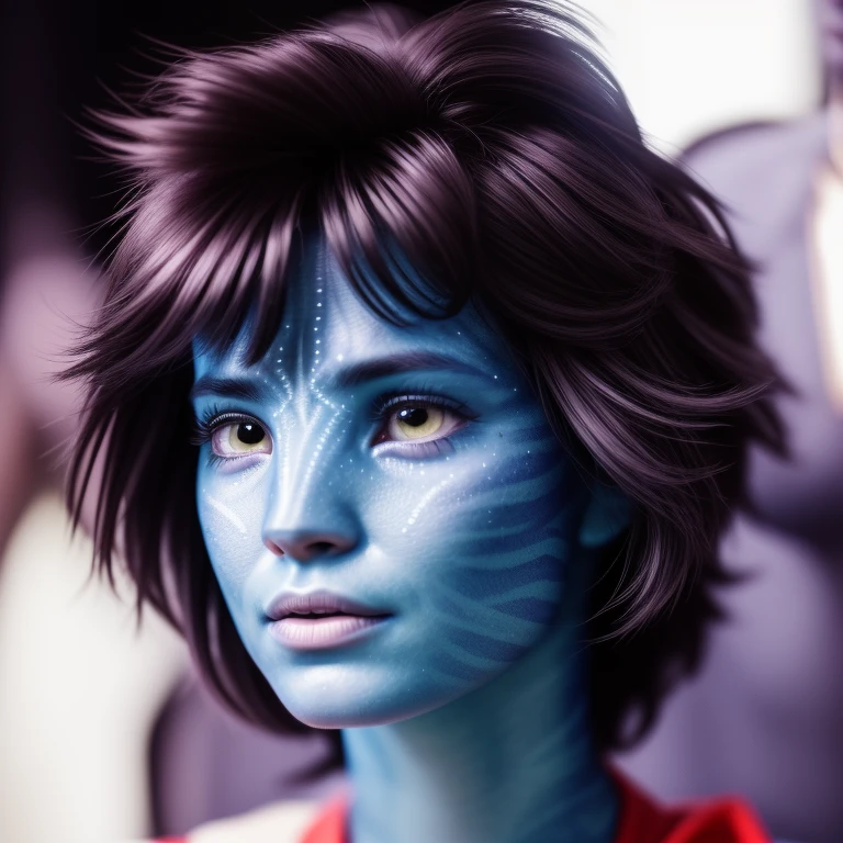 avtr:1.1, avatar style, portrait:1.6, 1girl, female, (blue skin tone:1.0), (short hair:1.0), pixie cut hairstyle, dark brown hair color, 18 years old:1, face wrinkles, wearing tribal clothing, wearing a top, detailed eyes, toned body, muscled body, vibrant colors, glowing, ethereal atmosphere, surrealistic dreamy lighting, textured skin, otherworldly beauty, mesmerizing photography, (best quality, highres), vivid colors, ultrarealistic, skin details, striped skin, sfw, face close-up:0.5, ultradetailed body