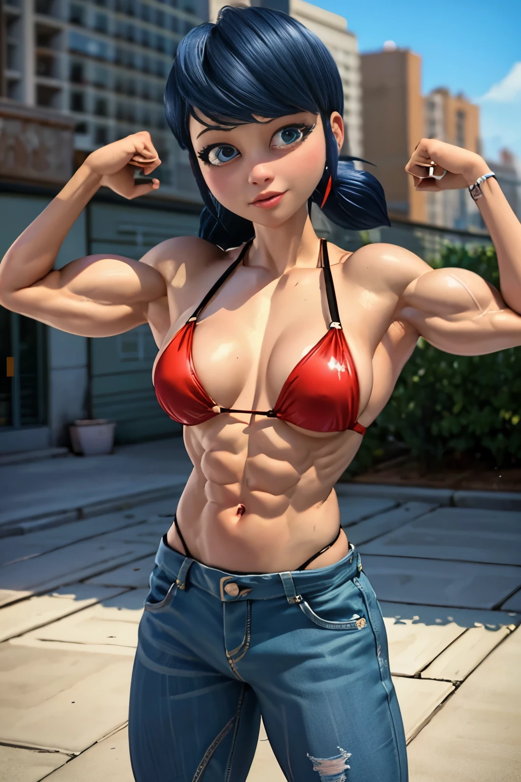high contrast, (8K UHD:1.2), (photorealistic:1.2),(masterpiece:1.4), (best quality:1.4),extremely detailed wallpaper, highly detailed illustrations, ((1 Girl)) , (super-complex details) official art, unity 8k wallpaper, ultra detailed, beautiful and aesthetic, masterpiece, best quality, ( zentangle, mandala, tangle, entangle), (fractal art:1.3) , masterpiece, , intricate detail,((bulking)),covered body upper body,(body builder:1.7), muscular, bob hair, busty, sexy, curvy, upper , raised hand, armpit, masterpiece, best quality, high quality, high definition, high quality texture, high quality shadow, high detail, beautiful detailed, fine detailed, extremely detailed cg, detailed texture, a realistic representation of the face, realistic, colorful , delicate, cinematic light, side light, Lens Flare, Ray Tracing, tailed beautiful delicate face, detailed beautiful delicate eyes, mature female, bored, pompadour cut, muscular, toned, navel, ripped abs, thick thighs, (broad shoulders), (big arm muscles), meaty leg muscles, thick eyelashes, makeup, (( blue hair, short pig-tail's, blue eyes , red bikini.), (( flexing rock hard chest.)).
