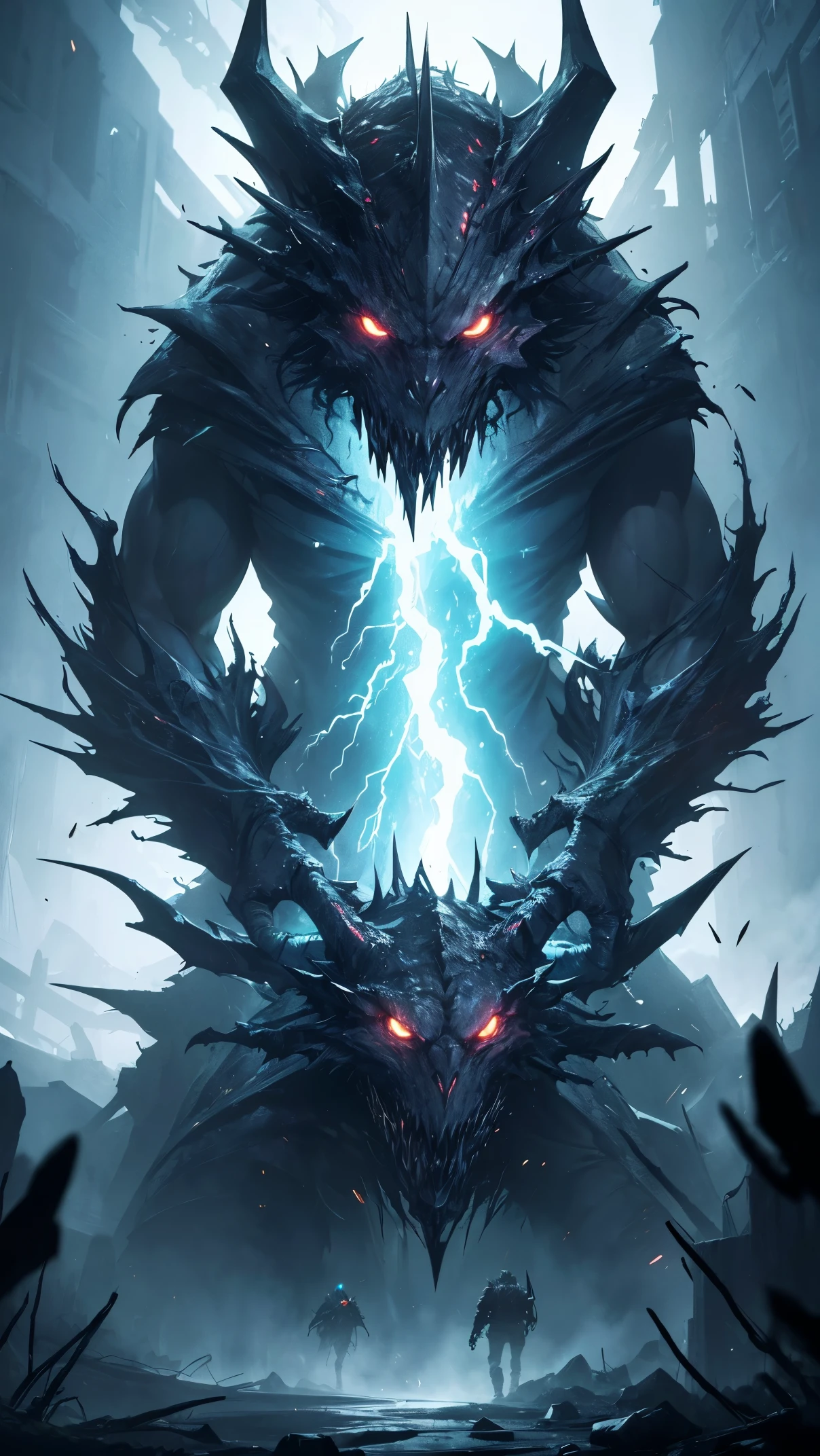 (high quality, highres:1.2), dark and mysterious, monstrous creature with lightning bolts, highly detailed, deep darkness, atmospheric lighting and particle effects