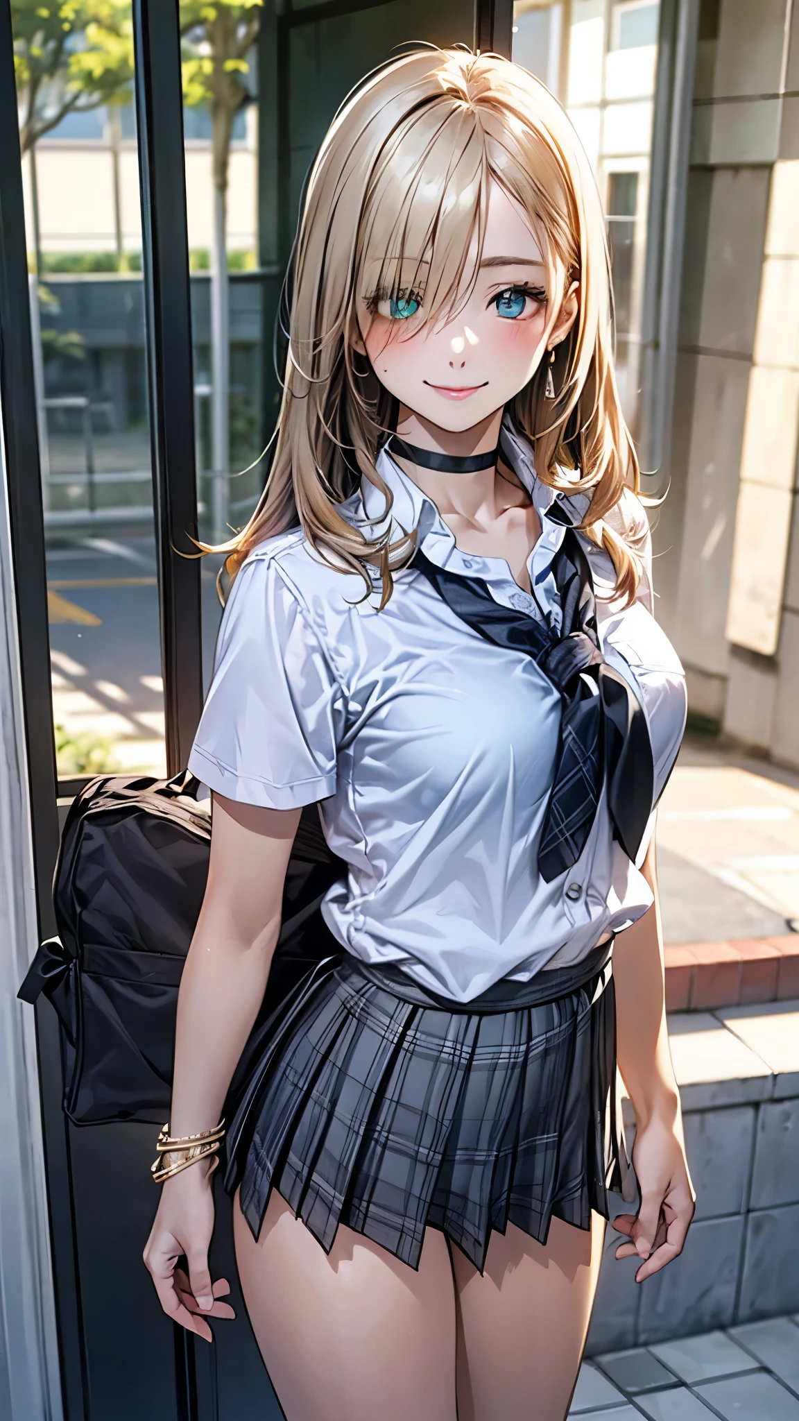 (masterpiece:1.2, top-quality), (realistic, photorealistic:1.4), beautiful illustration, (natural side lighting, movie lighting),
looking at viewer, full body, 1 girl, japanese, high school girl, perfect face, cute and symmetrical face, suntan, shiny skin,
(long hair:1.5, straight hair:1.4, blond hair), hair over one eye:1.4, emerald green eyes, long eye lasher, (large breasts:0.6),
beautiful hair, beautiful face, beautiful detailed eyes, beautiful clavicle, beautiful body, beautiful chest, beautiful thigh, beautiful legs, beautiful fingers,
((collared short sleeve shirt, light blue shirt, school uniform, grey plaid pleated skirt, black tie), black choker, wrist chakra), light blue panties,
(beautiful scenery), school, (liftting skirt, standing, open legs), (seductive smile, in heat),