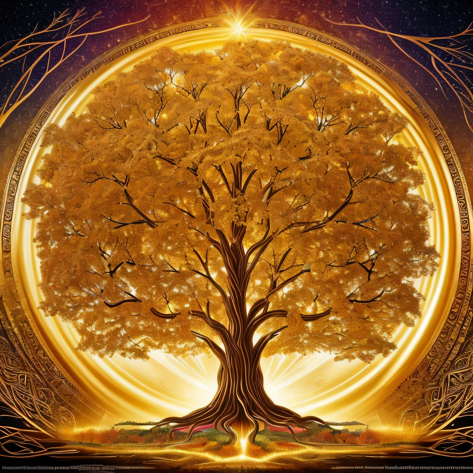 Create a captivating image of a Golden Tree of Mythological Knowledge, infundido com tons de ouro radiante que lembram o esplendor divino. Visualize roots that curl gracefully, evocando os fios serpentinos da mitologia, adorned with golden symbols from ancient myths. O porta malas, golden with intricate patterns reminiscent of celestial tapestries, represents the deep wisdom within the psychological realms. galhos, bathed in the golden glow of inspiration, reach the heavens, adorned with ethereal tones drawn from mythical tales. Immerse the entire artwork in a mythical color palette, highlighting the richness and vibrancy found in legendary narratives. This piece shall be a testament to the golden fusion of mythology, psicologia, and spirituality within the branches of the Tree of Knowledge