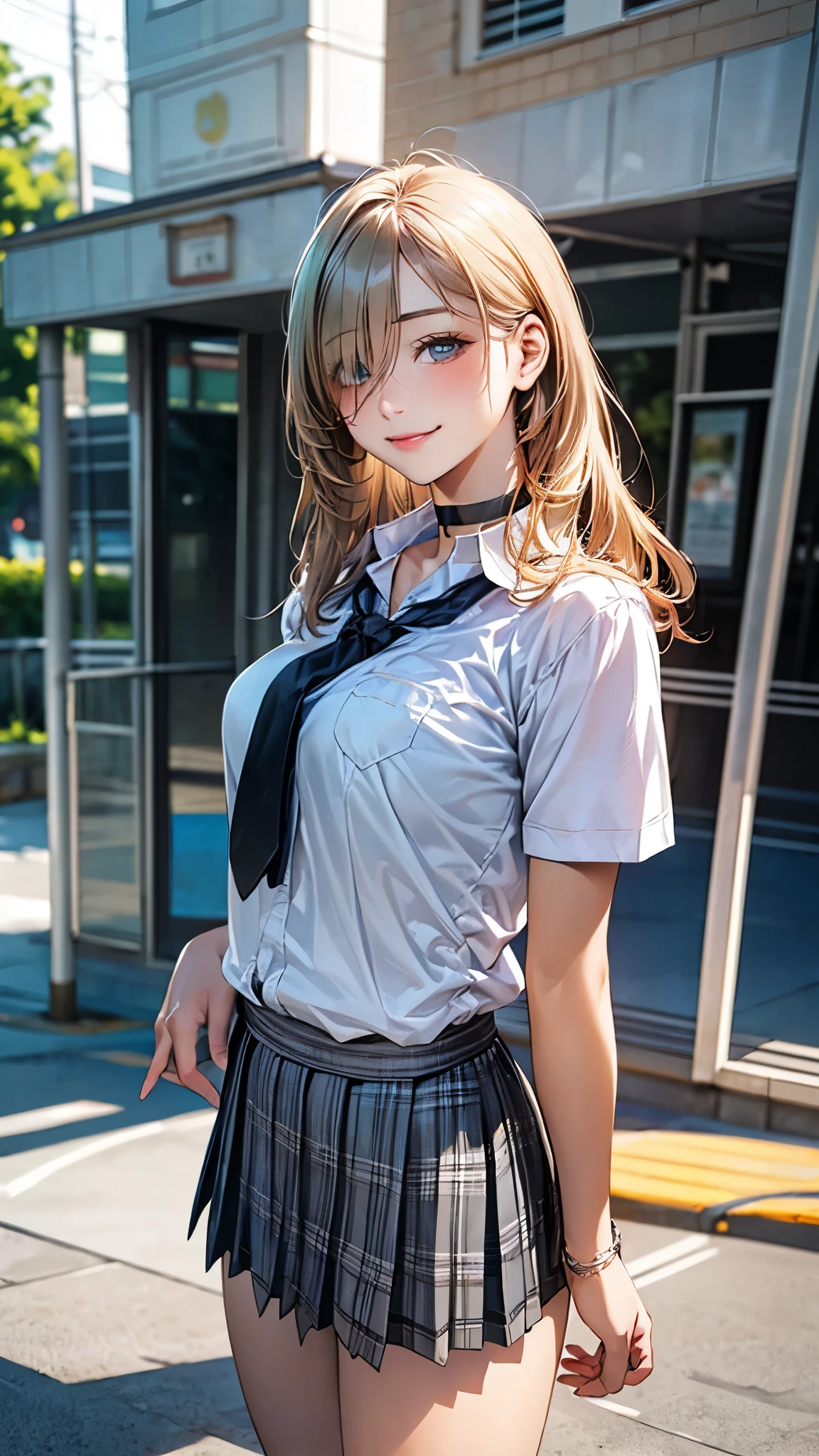 (masterpiece:1.2, top-quality), (realistic, photorealistic:1.4), beautiful illustration, (natural side lighting, movie lighting),
looking at viewer, full body, 1 girl, japanese, high school girl, perfect face, cute and symmetrical face, suntan, shiny skin,
(long hair:1.5, straight hair:1.4, blond hair), hair over one eye:1.4, emerald green eyes, long eye lasher, (large breasts:0.6),
beautiful hair, beautiful face, beautiful detailed eyes, beautiful clavicle, beautiful body, beautiful chest, beautiful thigh, beautiful legs, beautiful fingers,
((collared short sleeve shirt, light blue shirt, school uniform, grey plaid pleated skirt, black tie), black choker, wrist chakra), light blue panties,
(beautiful scenery), school, (liftting skirt, standing, open legs), (seductive smile, in heat),