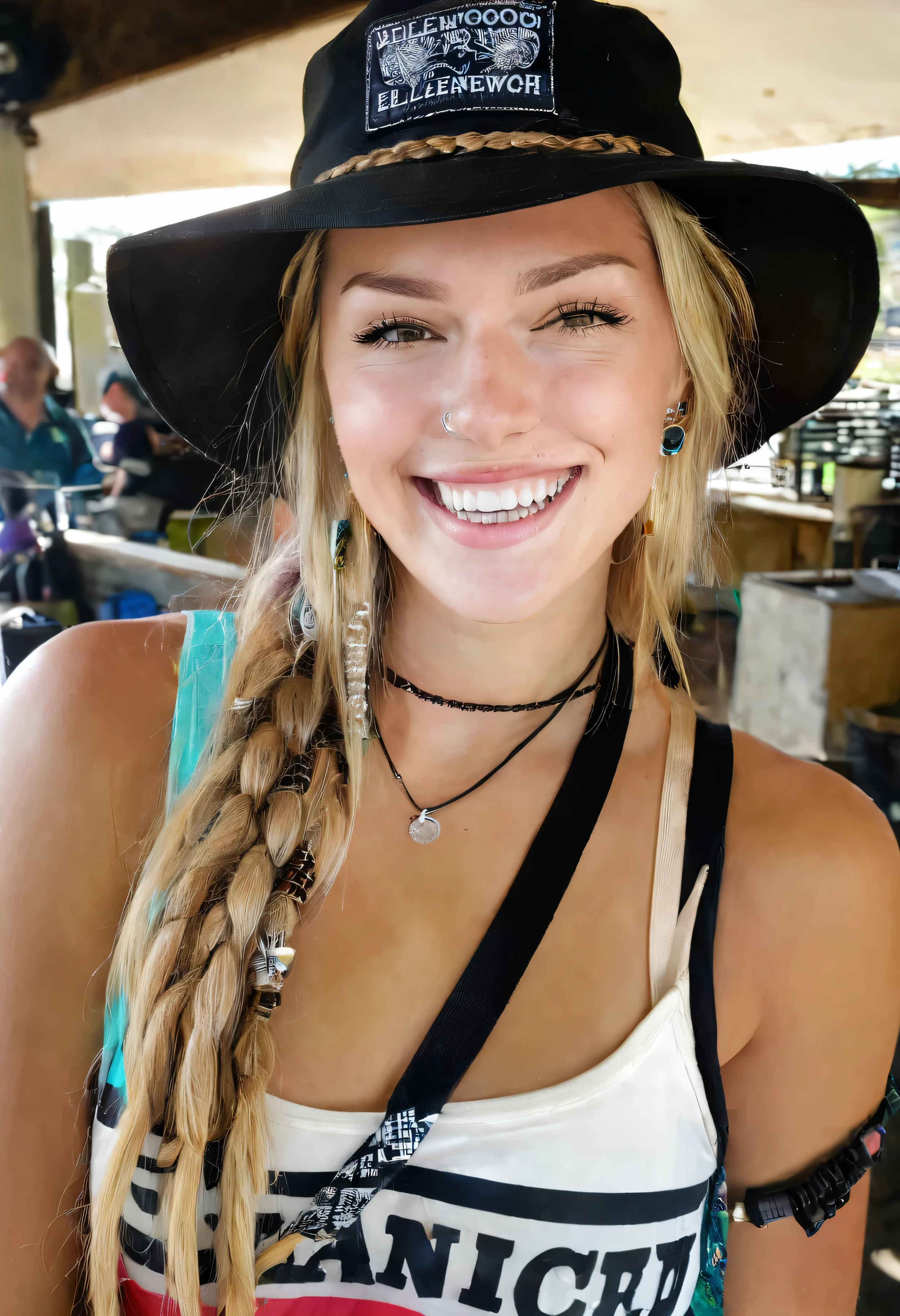 GeorgiaEllenwood, long hair, looking at viewer, smile, blonde hair, hat, bare shoulders, jewelry, upper body, braid, earrings, necklace, grin, black headwear, piercing, tank top, hair over shoulder, watch, realistic, wristwatch