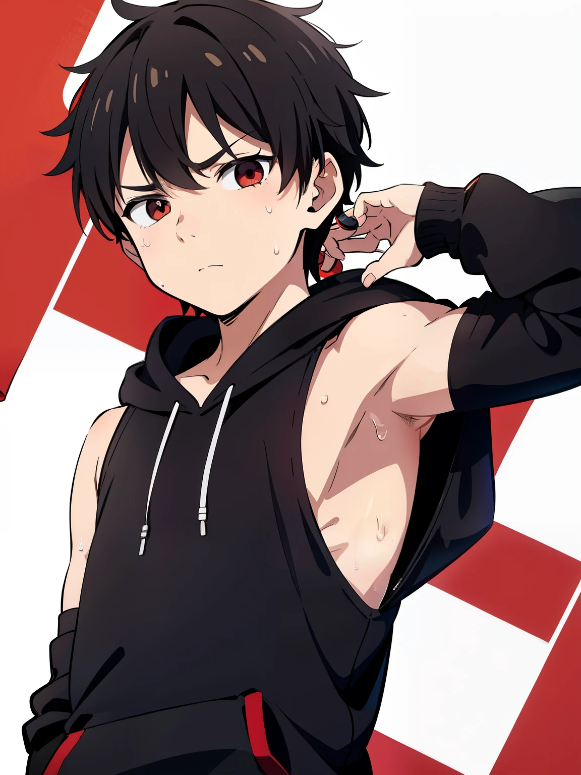 Highres, Masterpiece, Best quality at best,Best Quality,hight quality, hight detailed, 1boy, Shota, White hoodie with red stripes, Wearing headset, The hoodie is sleeveless and has an open zipper, (very small and short stature), (very young boy), (very small and short body), 12-year-old boys, (Showing armpit:1.3), hansome, Sweat
