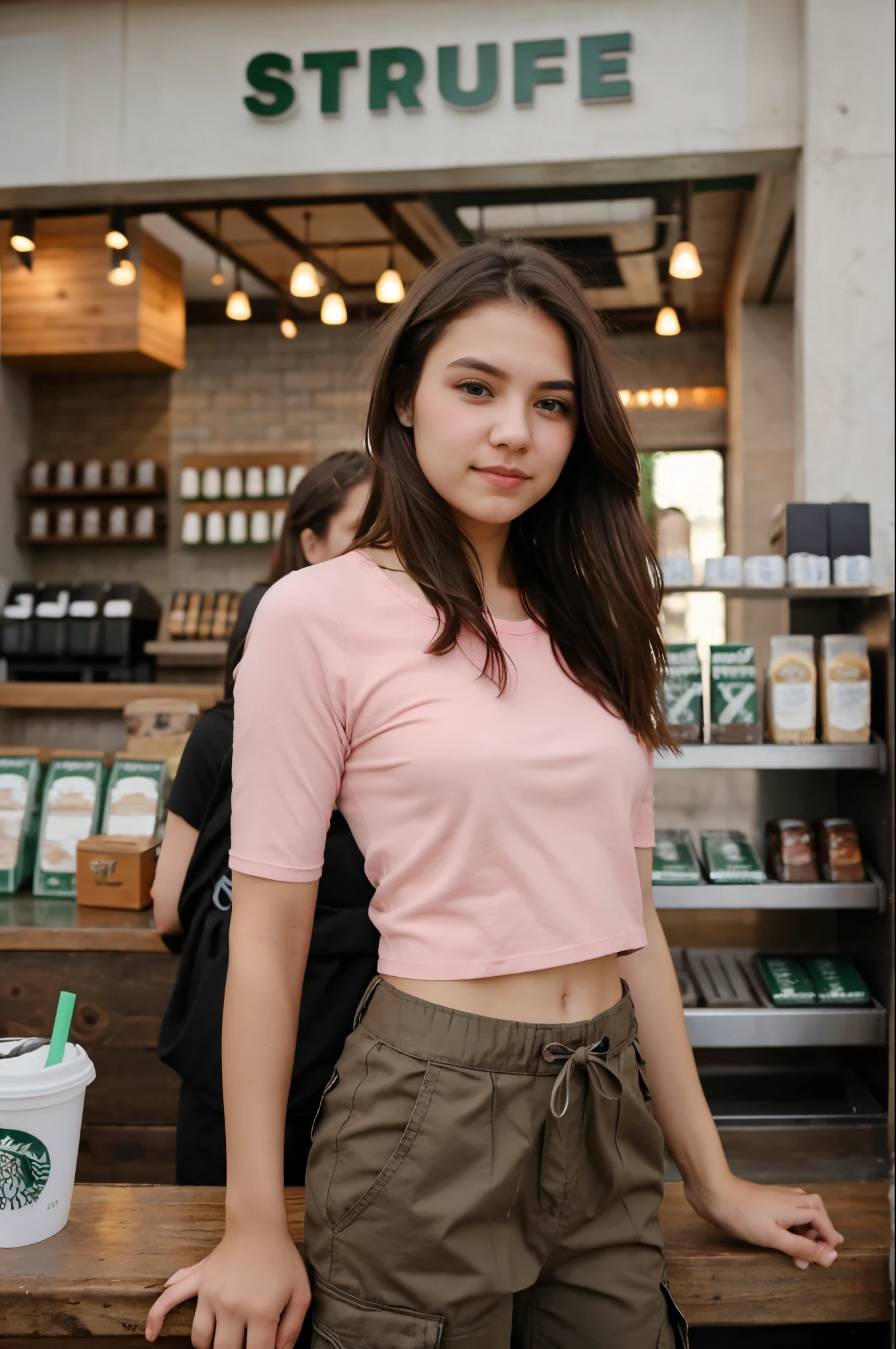 Photo at Starbucks blue eyes brown hair pose standing with a Starbucks white skin long hair cute Mexican 18 years old clothes pink top cargo pants aesthetic distance 9 kilometers