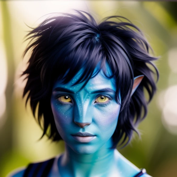 avtr:1.1, avatar style, portrait:1.6, 1girl, female, (blue skin tone:1.0), (short hair:1.0), pixie cut hairstyle, dark brown hair color, 18 years old:1, face wrinkles, wearing tribal clothing, wearing a top, detailed eyes, toned body, muscled body, vibrant colors, glowing, ethereal atmosphere, surrealistic dreamy lighting, textured skin, otherworldly beauty, mesmerizing photography, (best quality, highres), vivid colors, ultrarealistic, skin details, striped skin, sfw, face close-up:0.5, ultradetailed body