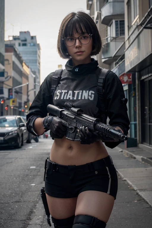 ((best quality)), (top quality)), (masterpiece), photorealistic, photorealism 16K, (16K), 1girl full body, aiming with an mp5 sub-rifle, Combat pose, city street background, bobhaircut, Photorealistic, high resolution, (Detailed face), looking at the camera, (wearing shirt ,gloves,black and gray mecha), (round glasses), military harness, (holding a mp5 sub-rifle), Fingers are occluded,