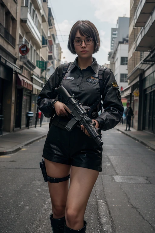 ((best quality)), (top quality)), (masterpiece), photorealistic, photorealism 16K, (16K), 1girl full body, aiming with an mp5 sub-rifle, Combat pose, city street background, bobhaircut, Photorealistic, high resolution, (Detailed face), looking at the camera, (wearing shirt ,gloves,black and gray mecha), (round glasses), military harness, (holding a mp5 sub-rifle), Fingers are occluded, 