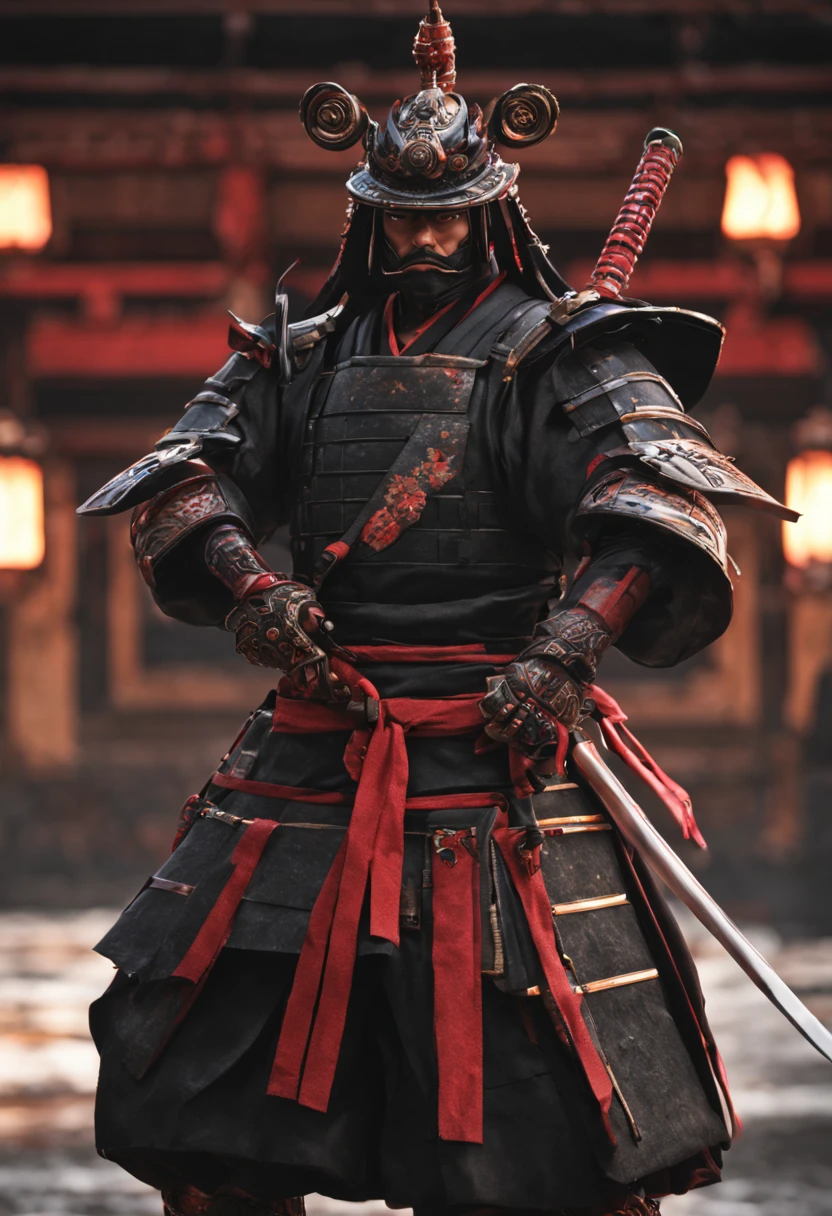 (highest quality,4K,8K,High resolution,masterpiece:1.2),super detailed,(realistic,realistic,realistic:1.37),Samurai of feudal Japan in the Sengoku period, Wear samurai armor, Wearing a black samurai mask, Wielding a sharp sword, It exudes a strong sense of intimidation, glowing red eyes, Mikawa Squire, mechanical、mechanicalとの融合、robot