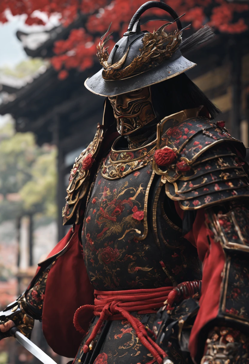 (highest quality,4K,8K,High resolution,masterpiece:1.2),super detailed,(realistic,realistic,realistic:1.37),Samurai of feudal Japan in the Sengoku period, Wear samurai armor, Wearing a black samurai mask, Wielding a sharp sword, It exudes a strong sense of intimidation, glowing red eyes, Mikawa Squire, mechanical、mechanicalとの融合、robot
