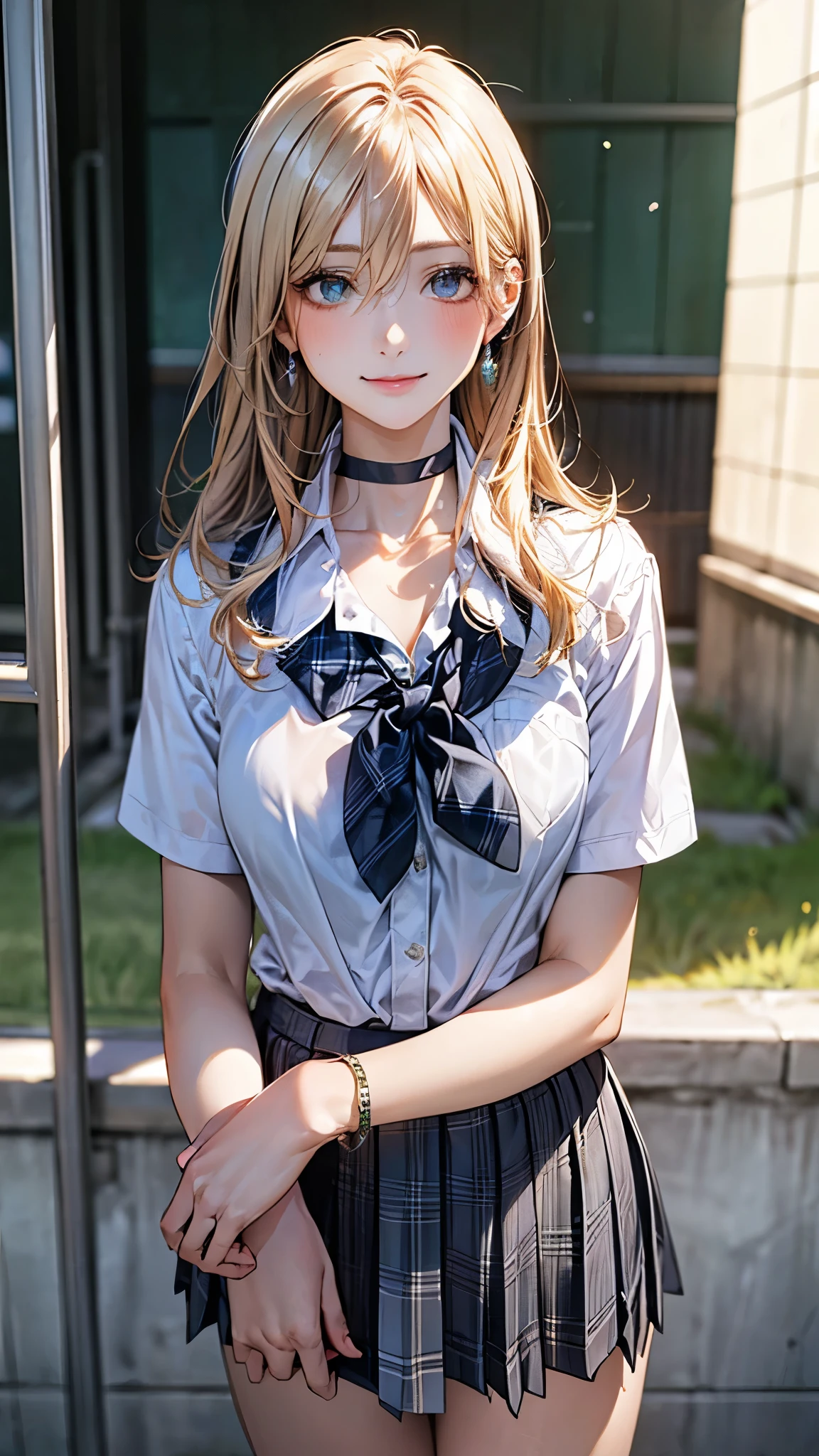 (masterpiece:1.2, top-quality), (realistic, photorealistic:1.4), beautiful illustration, (natural side lighting, movie lighting),
looking at viewer, full body, 1 girl, japanese, high school girl, perfect face, cute and symmetrical face, suntan, shiny skin,
(long hair:1.5, straight hair:1.4, blond hair), hair between eyes, emerald green eyes, long eye lasher, (large breasts:0.6),
beautiful hair, beautiful face, beautiful detailed eyes, beautiful clavicle, beautiful body, beautiful chest, beautiful thigh, beautiful legs, beautiful fingers,
((collared short sleeve shirt, light blue shirt, school uniform, grey plaid pleated skirt, black tie), black choker, wrist chakra), light blue panties,
(beautiful scenery), school, (liftting skirt, standing, open legs), (seductive smile, in heat),