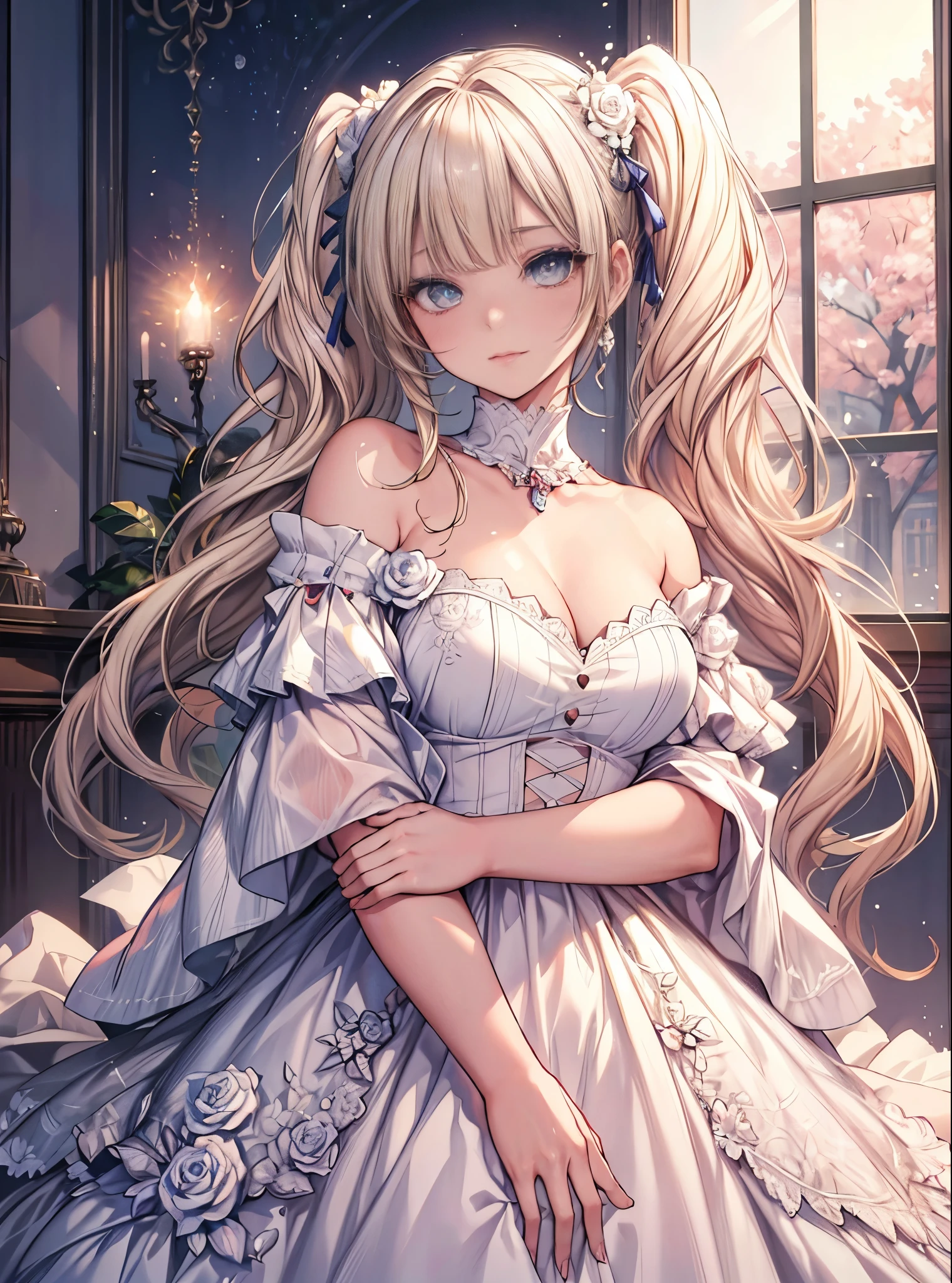 masterpiece, highest quality, High resolution, SA1, Floral Off-Shoulder Dress, sparkling eyes, false eyelashes, Platinum Blonde Twin Tails, Cute atmosphere, Rose,