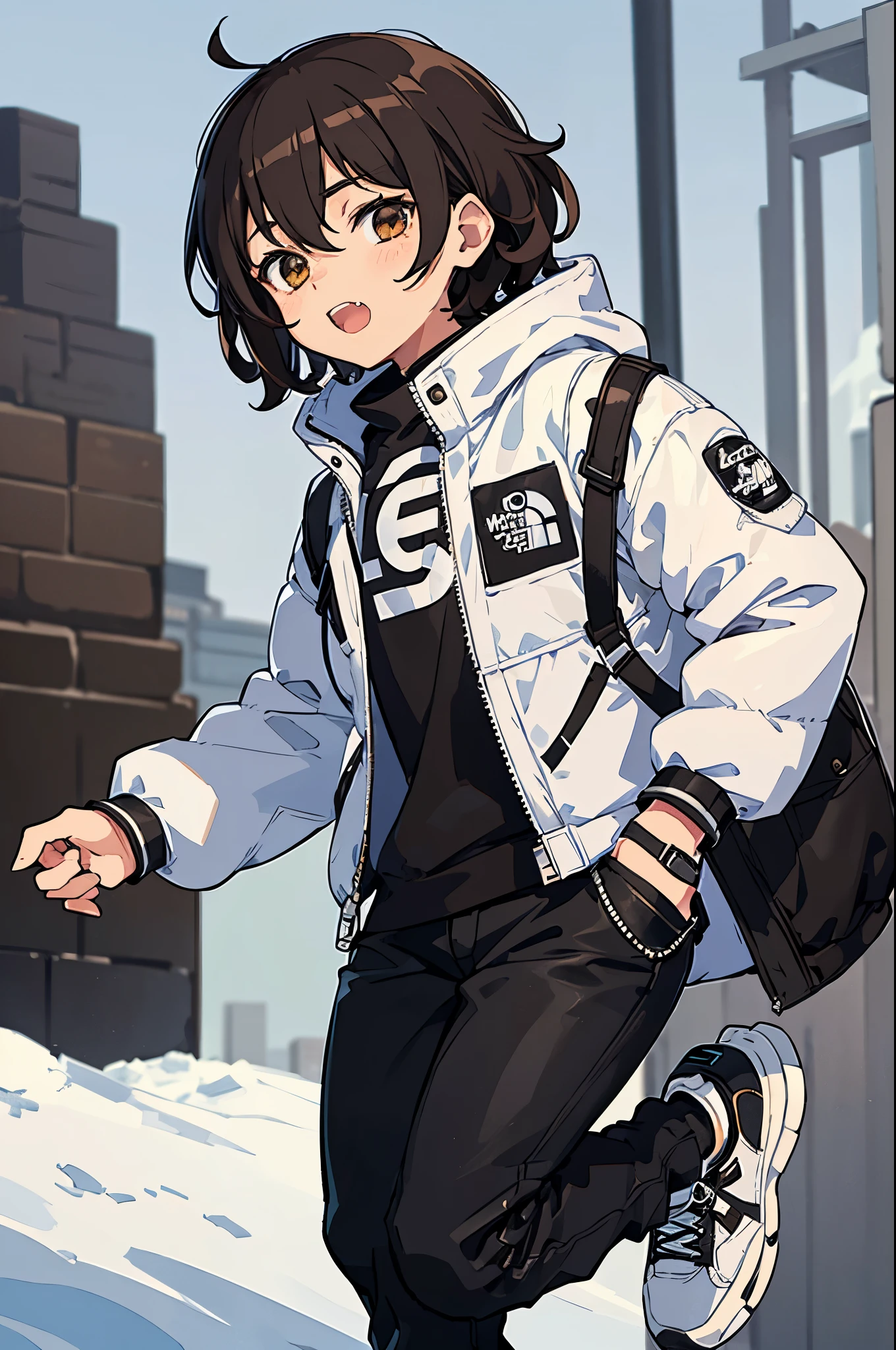 1man, shota, short curly hair, wearing white and black the north face winter jacket, black jeans, white and black winter sneakers, brown hair, brown eyes, fang teeth, high res, masterpiece