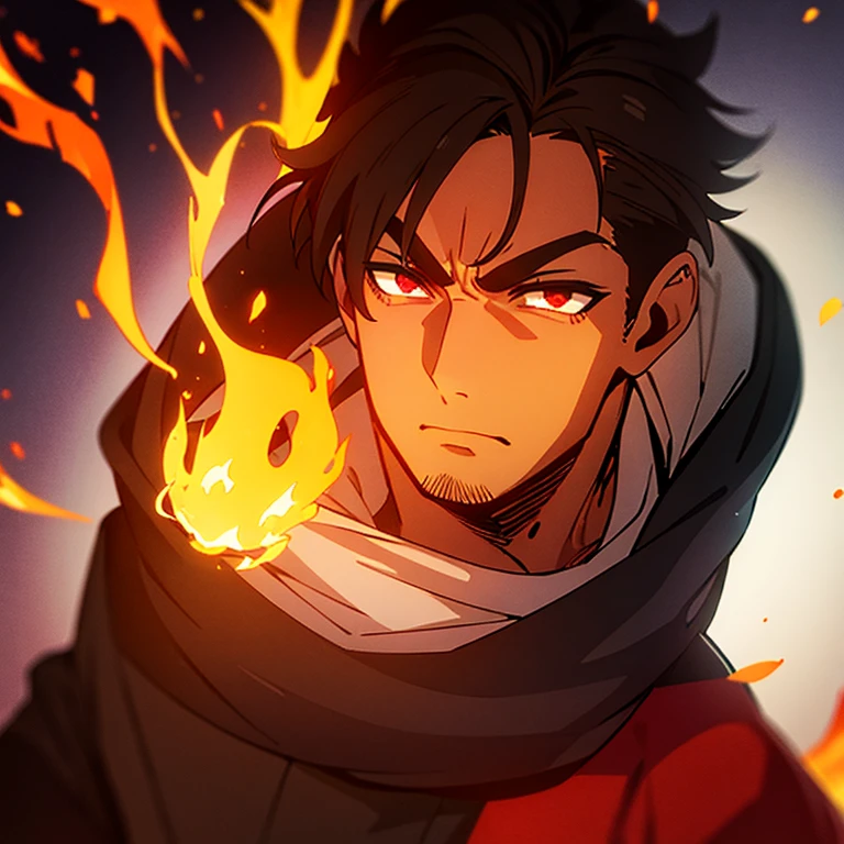 Hombre con fondo de fuego y ojos llenos de ira