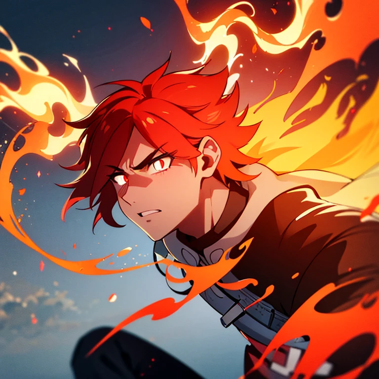 Hombre con fondo de fuego y ojos llenos de ira