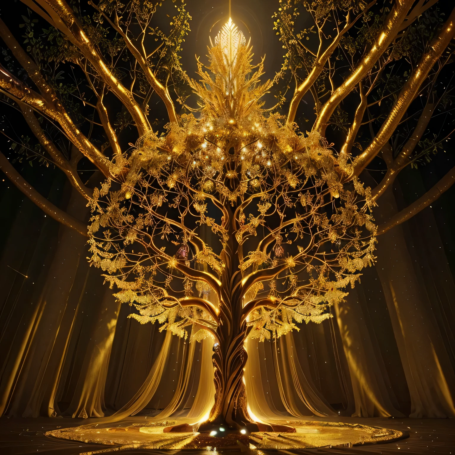 Create a captivating image of a Golden Tree of Mythological Knowledge, infundido com tons de ouro radiante que lembram o esplendor divino. Visualize roots that curl gracefully, evocando os fios serpentinos da mitologia, adorned with golden symbols from ancient myths. O porta malas, golden with intricate patterns reminiscent of celestial tapestries, represents the deep wisdom within the psychological realms. galhos, bathed in the golden glow of inspiration, reach the heavens, adorned with ethereal tones drawn from mythical tales. Immerse the entire artwork in a mythical color palette, highlighting the richness and vibrancy found in legendary narratives. This piece shall be a testament to the golden fusion of mythology, psicologia, and spirituality within the branches of the Tree of Knowledge