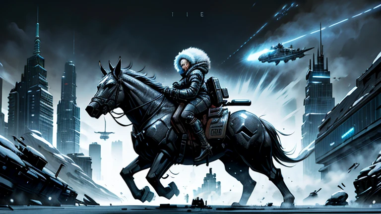 Arctic Dystopian futuristic city on a different planet with alien people heavily armed with futuristic guns, riding large animals, futuristic dystopian concept art, various mechanical part cluttered, snow falling