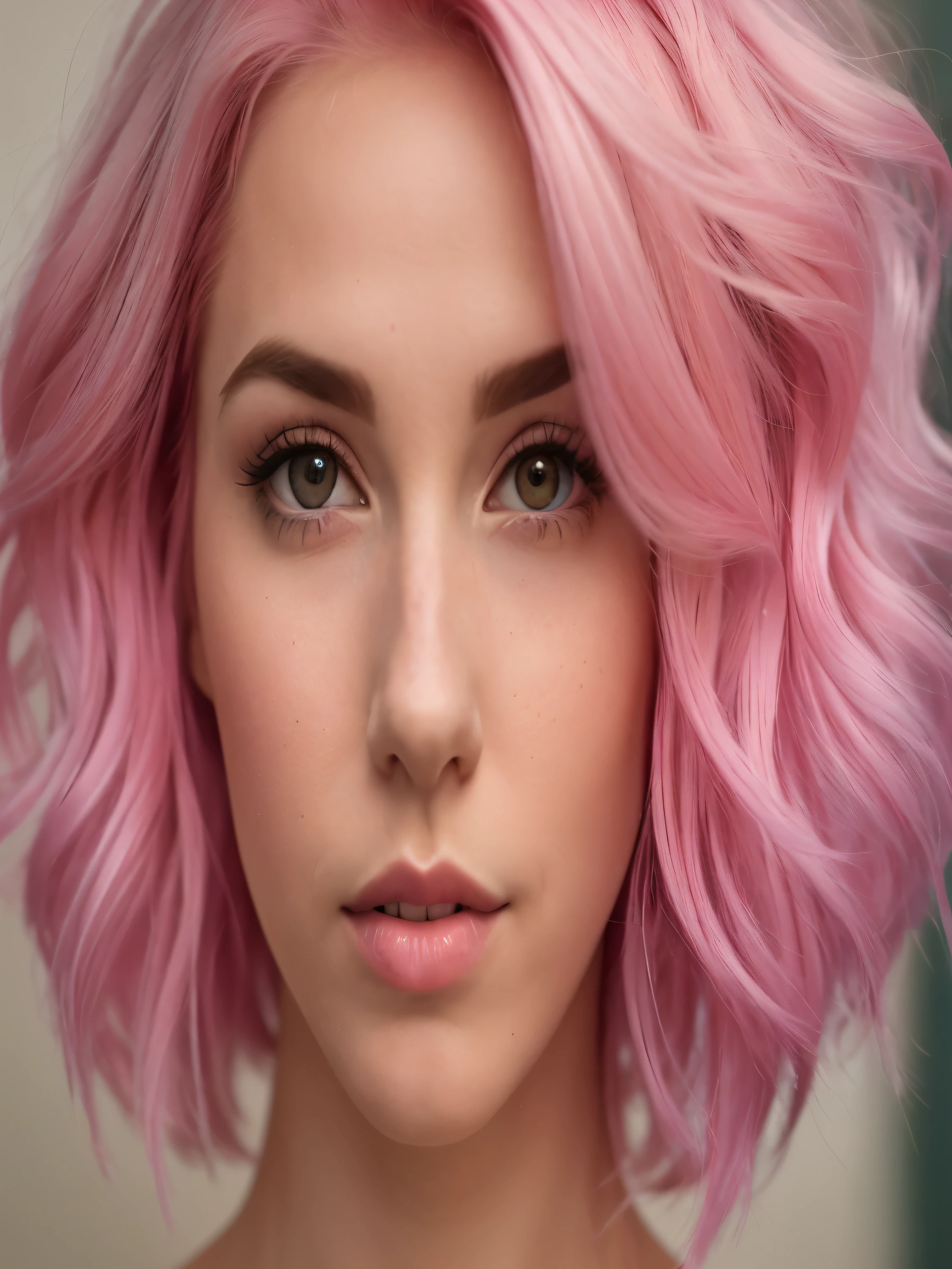 a close up of a woman with pink hair and a pink dress, cute girl with short pink hair, soft portrait shot 8 k, pink wispy hair, flowing pink hair, light pink hair, short pink hair, pink hair, pink short hair, color photograph portrait 4k, with pink hair, pink girl, curly pink hair, pink face, color portrait
