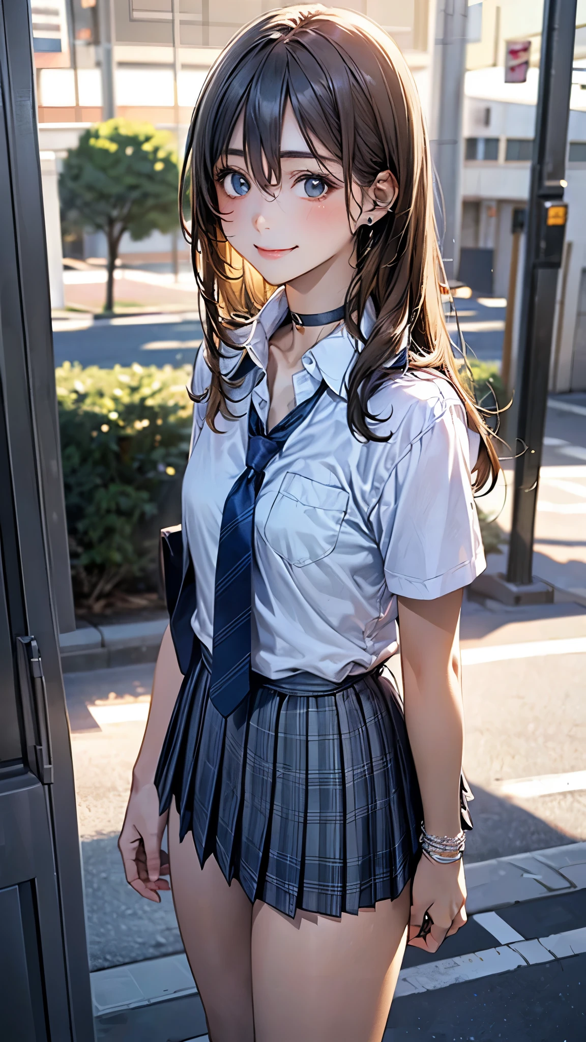 (masterpiece:1.2, top-quality), (realistic, photorealistic:1.4), beautiful illustration, (natural side lighting, movie lighting), 
looking at viewer, full body, 1 girl, japanese, high school girl, perfect face, cute and symmetrical face, suntan, shiny skin, 
(long hair:1.5, straight hair:1.4, blond hair), hair between eyes, emerald green eyes, long eye lasher, (large breasts:0.6), 
beautiful hair, beautiful face, beautiful detailed eyes, beautiful clavicle, beautiful body, beautiful chest, beautiful thigh, beautiful legs, beautiful fingers, 
((collared short sleeve shirt, light blue shirt, school uniform, grey plaid pleated skirt, navy tie), black choker, wrist chakra), light blue panties, 
(beautiful scenery), school, (liftting skirt, standing, open legs), (seductive smile, in heat), 