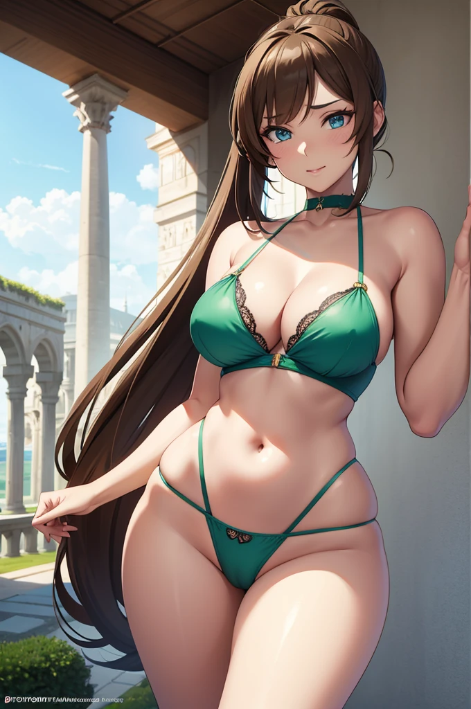 one Rebecca wearing a green bikini with gold accents, mature woman, long brown hair, hair in a ponytail, blue eyes, sexy hourglass figure, standing in front of the Tower of Pisa, [ 4 k digital art ]!!, seductive anime girl, deviantart artstation cgscosiety, trending on cgstation, 8k high quality detailed art, photorealistic anime girl render, kawaii hq render, commission for high res, thicc