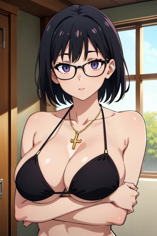 Shizuku Murasaki, 1girl, black hair, short hair, glasses, huge breast, ((black micro bikini)), (upper body, looking at view, down arms), (masterpiece, high resolution, best quality, anime colored, anime screencap, 8k, photorealistic), denim, inverted cross chain necklace, (perfect detailed anatomy, beautiful detailed eyes&hair, beautiful detailed body&breast)