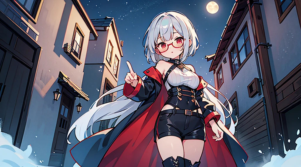 ((The best piece)),((masterpiece)), (Super detailed), (An illustration), (Detail light), (very cute and beautiful),(beautiful detailed eyes),cute face,silver hair,red eyes,short bob,Wearing glasses,loli big breasts,cleavage,Laced boots,off shoulder clothes,rabbit ears,Laced boots,lake at night,Under the moon,Military uniform style,Grim Reaper's Scythe,