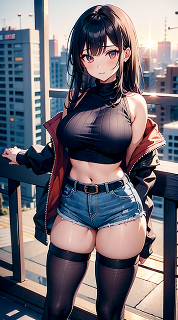 (masterpiece), high-definition, korean girl, big boobs, big hips, messy dark purple hair, orange eyes, crop top sweater, jacket, shorts, belt, thong, thigh high stockings, boots, fishnet, balcony, leaning on the railing, sunset