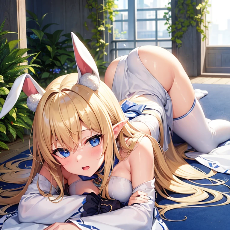 NFSW、overlooking、Long blonde woman、Beautiful woman、beautiful eyes、blue eyes、elf ears、1 person、White bunny girl costume、Fluffy Bunny Girl、Fluffy Tail、I can see your back、get down on all fours、Extend your arms and place your hands on the floor、Put your knees on the floor、The face is facing upwards、A face feeling ecstasy