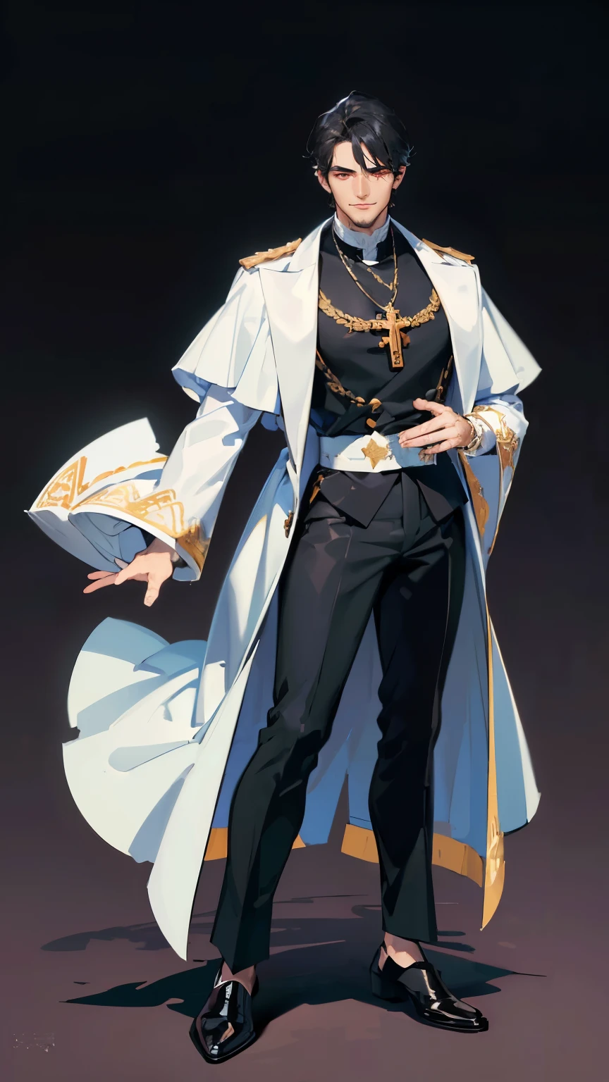 ((masterpiece,best quality,8k,highres)),((character concept art)), 1 male, middle-age adult male, Catholic Bishop, 190 cm height, big back head hairstyle (black hair colour), ultra finely detailed eyes (red eyes colour), extraordinary handsome, charming, smirk smile, short stubble beard, incredible body build ((muscular)), ((intricate detail)), super finely detailed hands, ultra finely detailed fingers(((ten fingers))), Catholic Bishop full outfit (white outfit colour), black pants, black shoes, (standing still), (full body showcase), (show full body), (no logos on background), (no logo), ((plain background)), ((plain background)), (((empty background)))