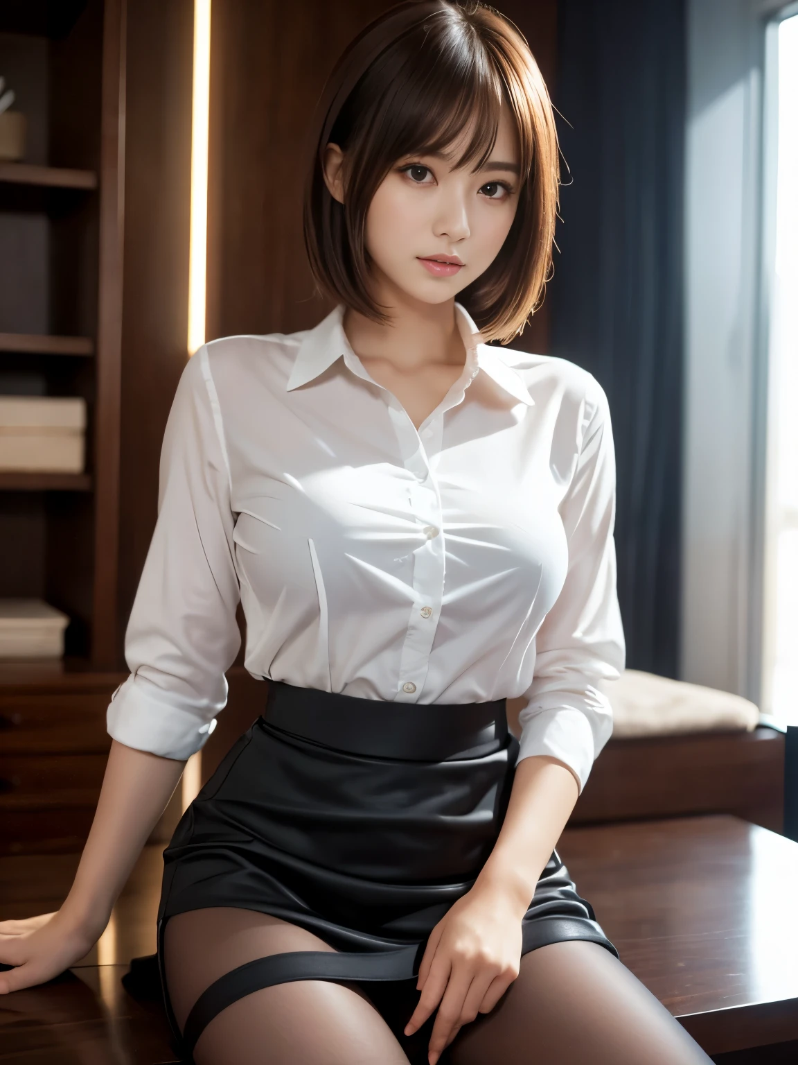 ultra realistic 8k cg, picture-perfect face, flawless, clean, masterpiece, professional artwork, famous artwork, perfect face, beautiful face, beautiful eyes, ((perfect female body)), solo,(looking at viewer), Japanese girl, 19years old,
seductive expression,beatiful detailed eyes,thick thighs,
(cinematic lighting:1.2),(cinematic composition:1.2),(blurry background),(HDR),Accent Lighting, narrow waist,long shot, bangs,long shirt,thong, skirt, sitting,
1girl, from below, pantyhose,