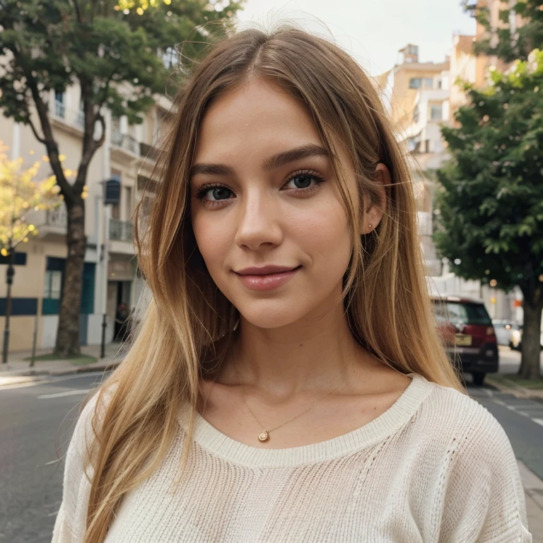 A 23-year-old blonde woman, ((pechos grandes)), ((hiperrealismo)) ,. blonde hair with light brown roots. cabello rubio, Hair with brown roots, cabello extra largo, cabello muy largo, Cabello muy largo, hermoso, Foto tomada con iPhone 15 pro, sunny winter day in the city, alta calidad, ojos verdes, labios carnosos, efecto retrato iphone, sonriendo